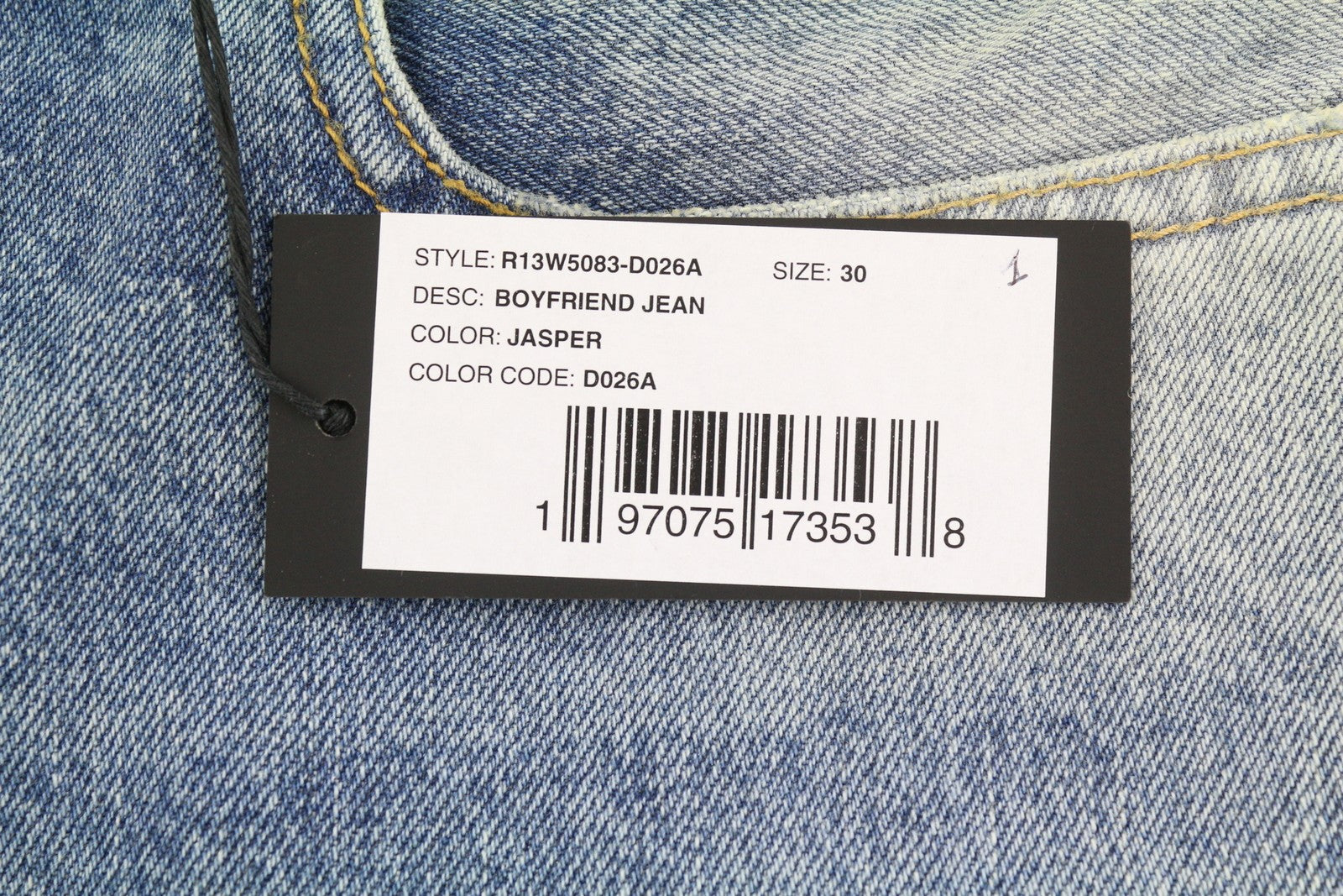 R13 Boyfriend Women Jeans 30 Jasper Straight Fit Whiskers Faded Blue Zip FW25