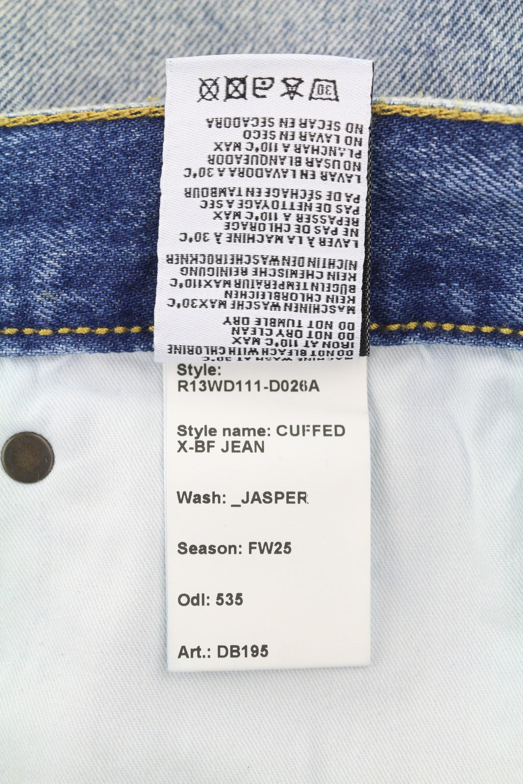 R13 Cuffed X-BF Women Jeans 30 Jasper Straight Fit Faded Blue Zip Fly Denim FW25