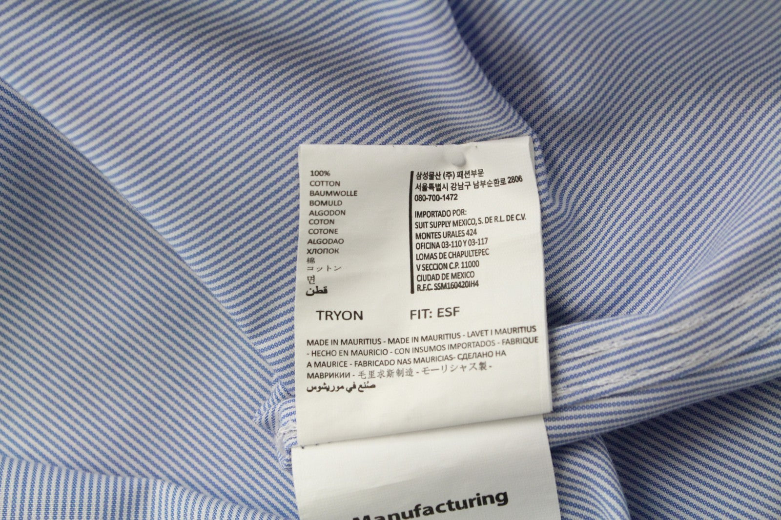 SUITSUPPLY Men's Formal Shirt 44/17.5 Blue Pure Cotton Extra Slim Long Sleeve