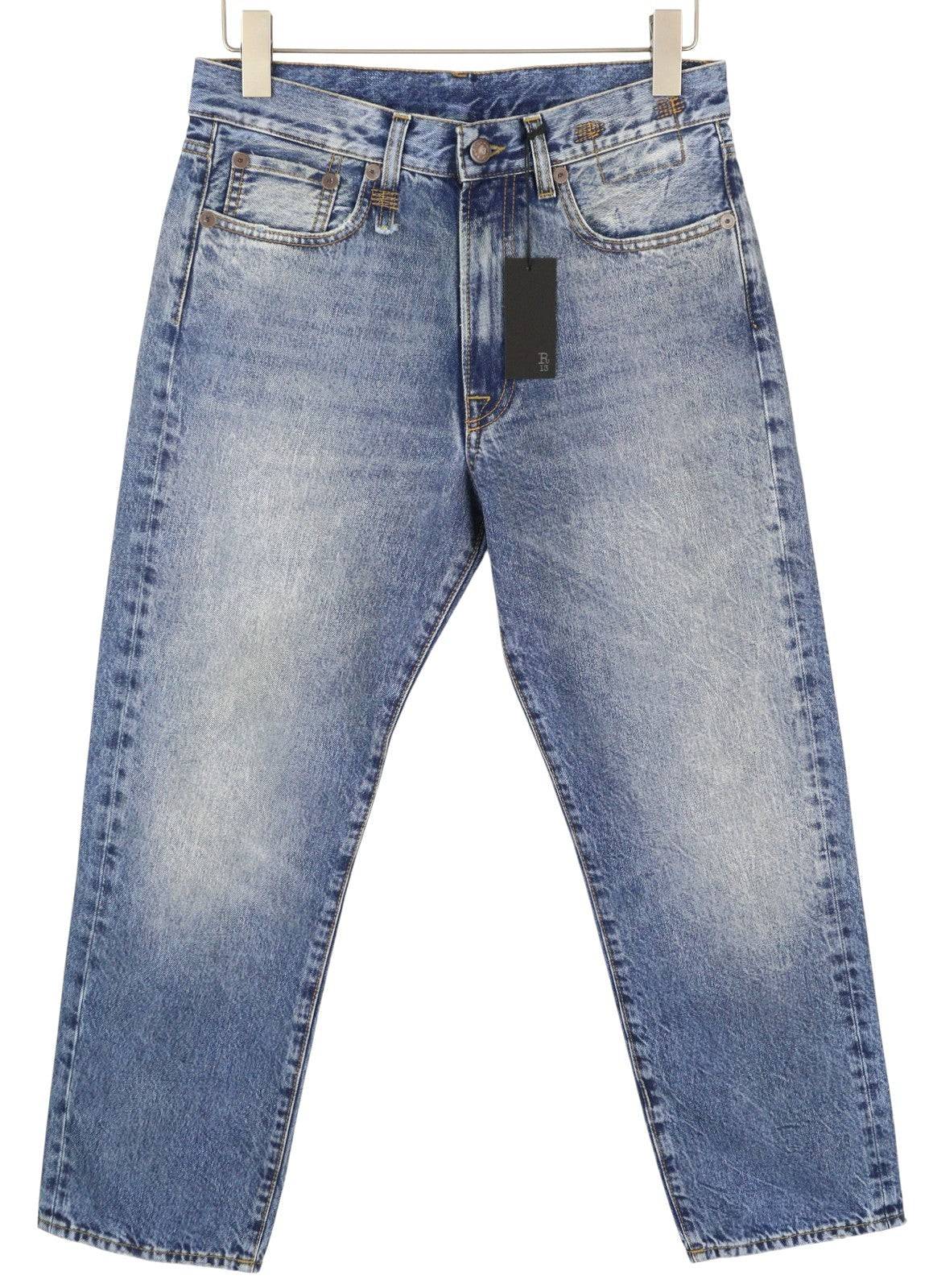 R13 Boyfriend Women Jeans 26 Jasper Straight Cropped Whiskers Faded Blue PF25