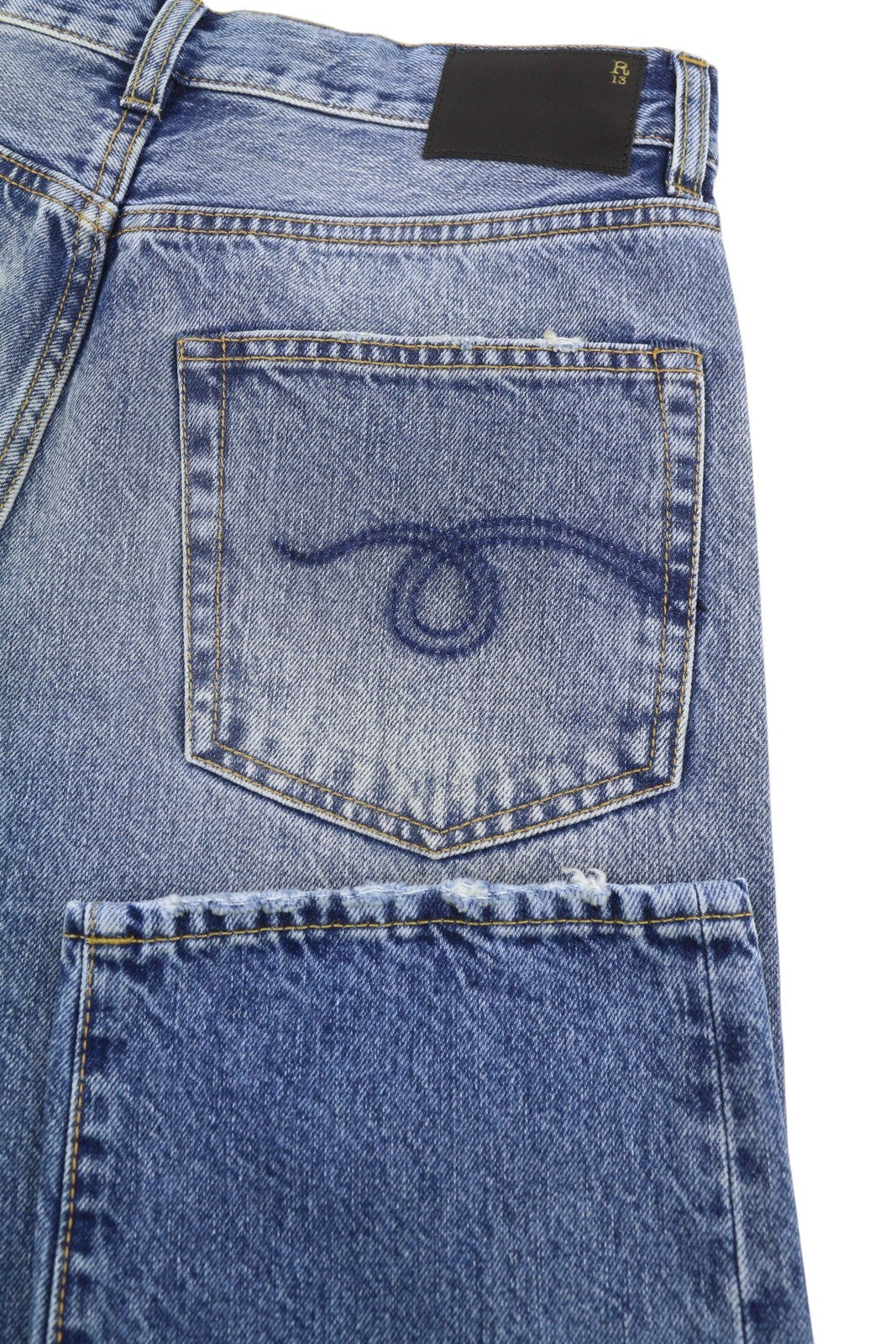 R13 Boyfriend Women Jeans 26 Jasper Straight Cropped Whiskers Faded Blue PF25