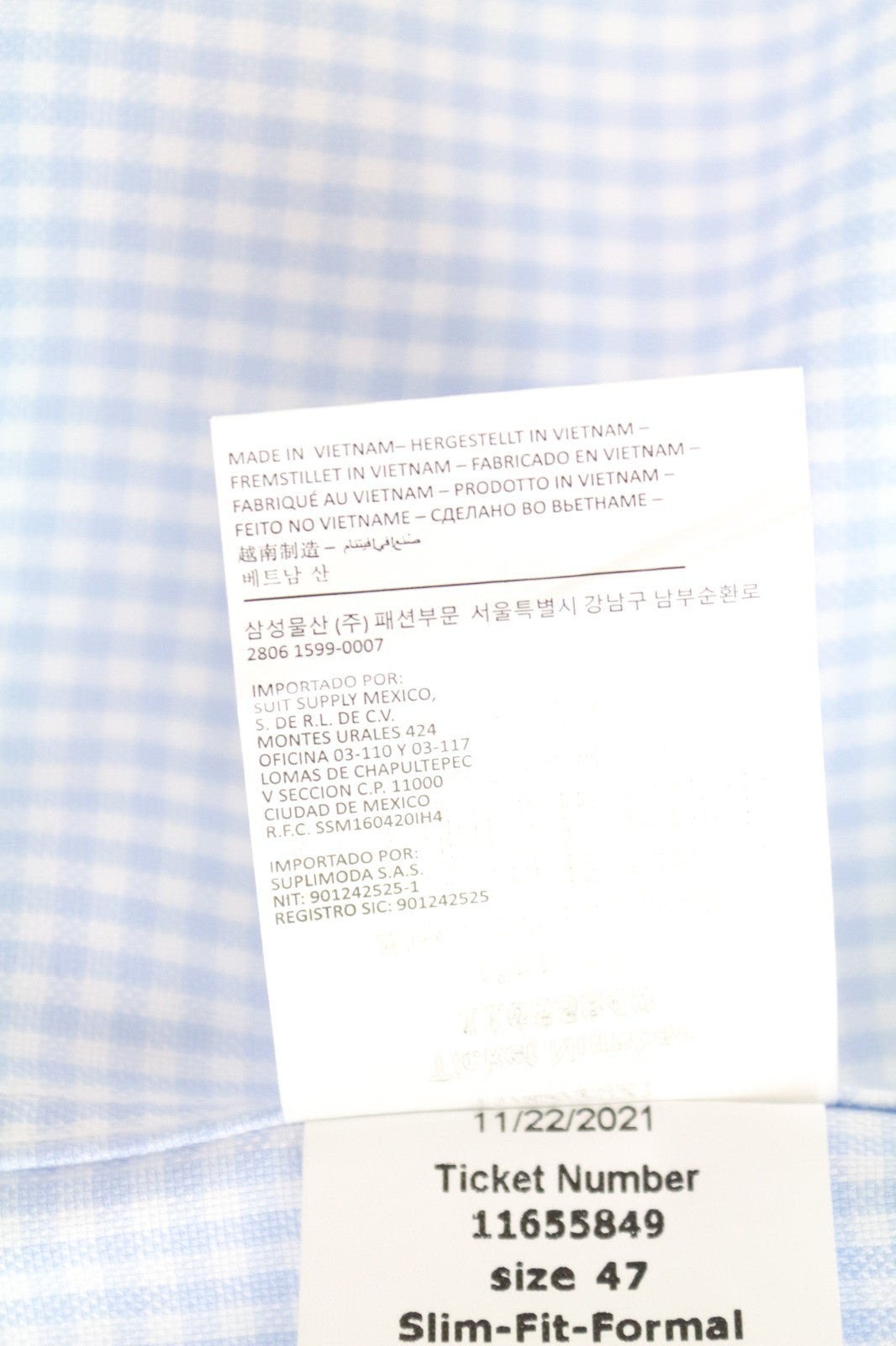 SUITSUPPLY Men's Formal Shirt 47 Blue Slim Checked Long Sleeve Pure Cotton