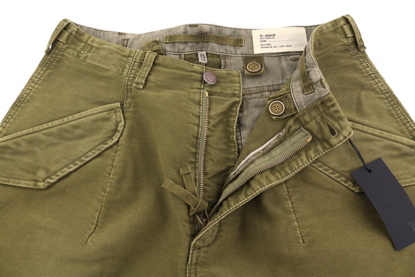 R13 Ankle Military Women Trousers 28 Olive Garment Dyed Cargo Zip FW25 RRP1199