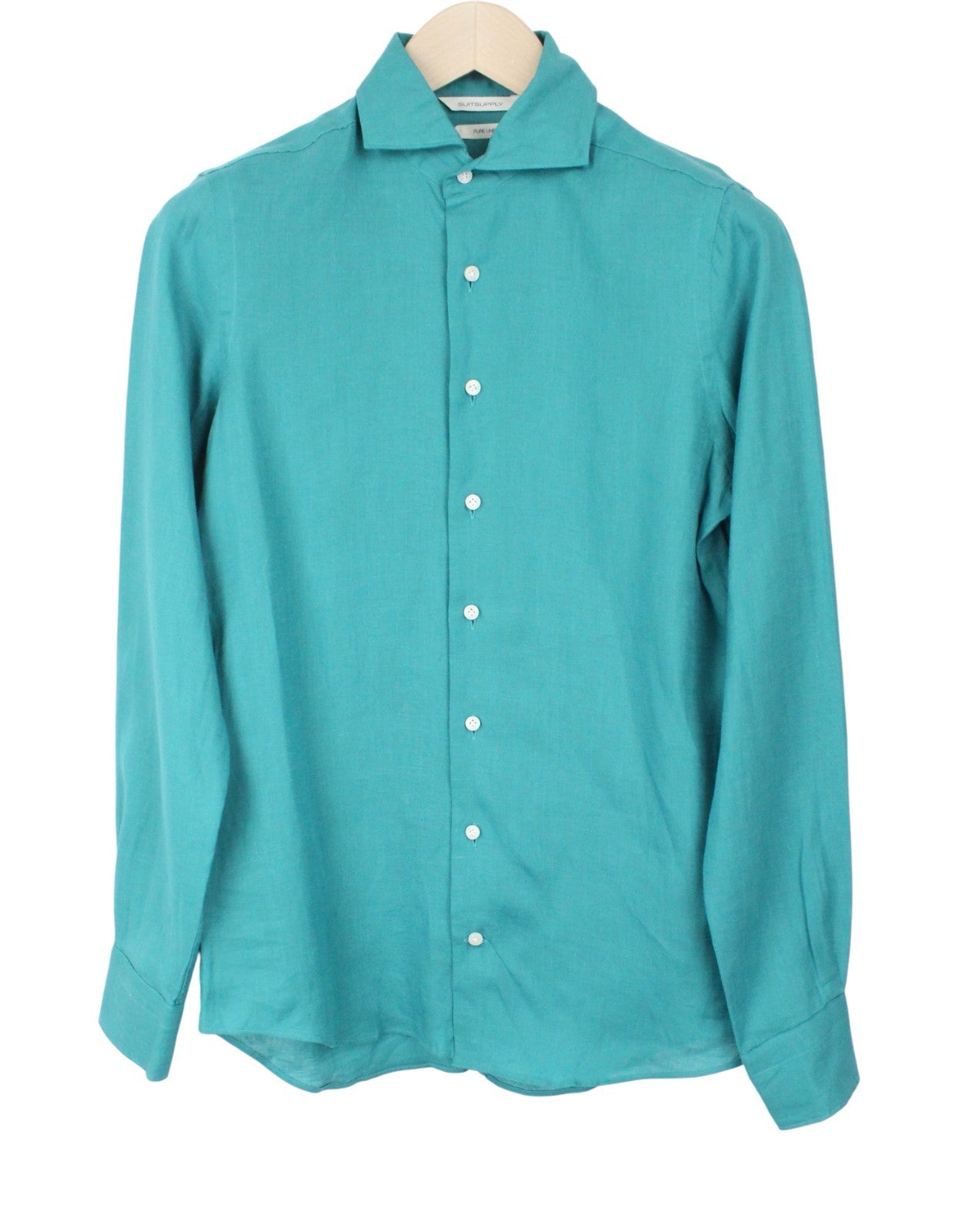 SUITSUPPLY Men's Formal Shirt 35/36/13.5/14 Green Linen Slim Long Sleeve