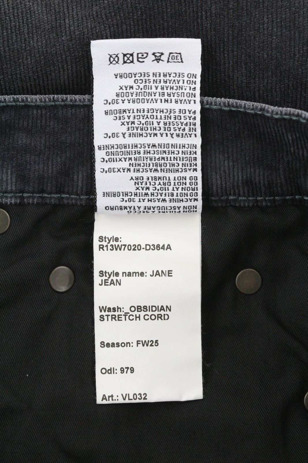 R13 Jane Women Trousers 25 Obsidian Stretch Cord Bootcut Fit Zip FW25 RRP699