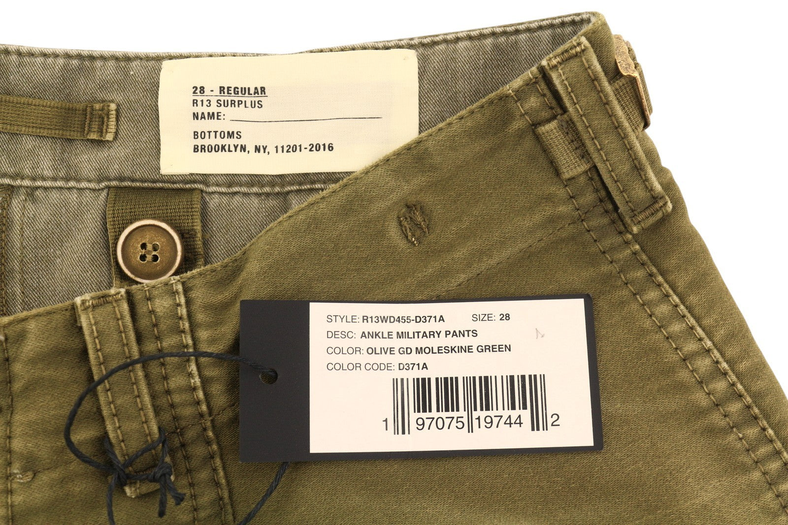 R13 Ankle Military Women Trousers 28 Olive Garment Dyed Moleskin FW25 RRP1199