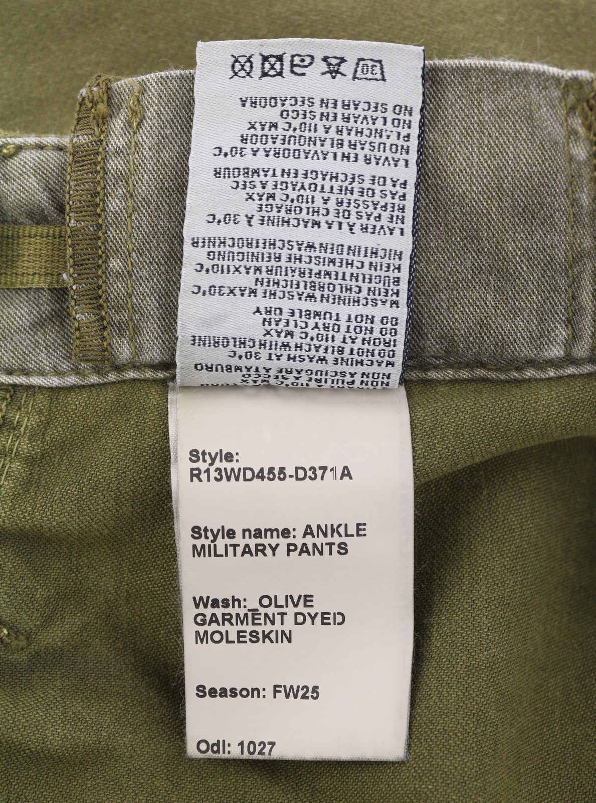 R13 Ankle Military Women Trousers 28 Olive Garment Dyed Moleskin FW25 RRP1199