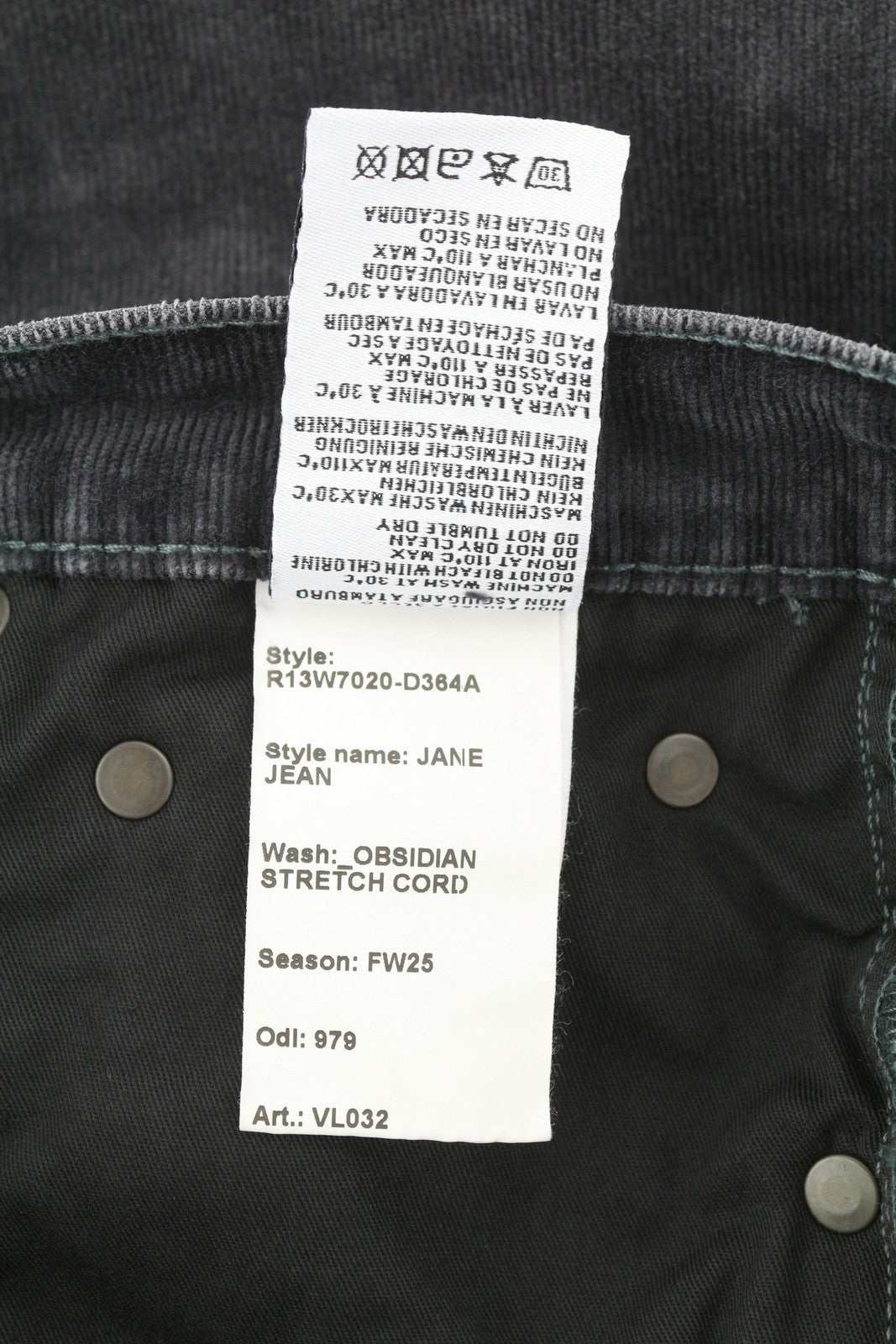 R13 Jane Women Trousers 24 Obsidian Stretch Cord Bootcut Fit Zip FW25 RRP699