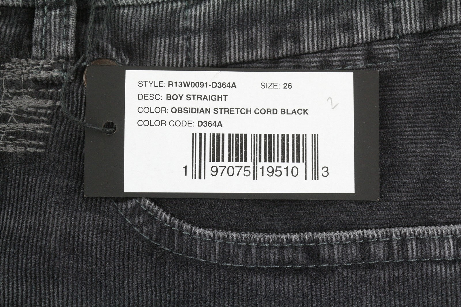 R13 Boy Straight Women Trousers 26 Obsidian Stretch Cord Cropped Faded FW25