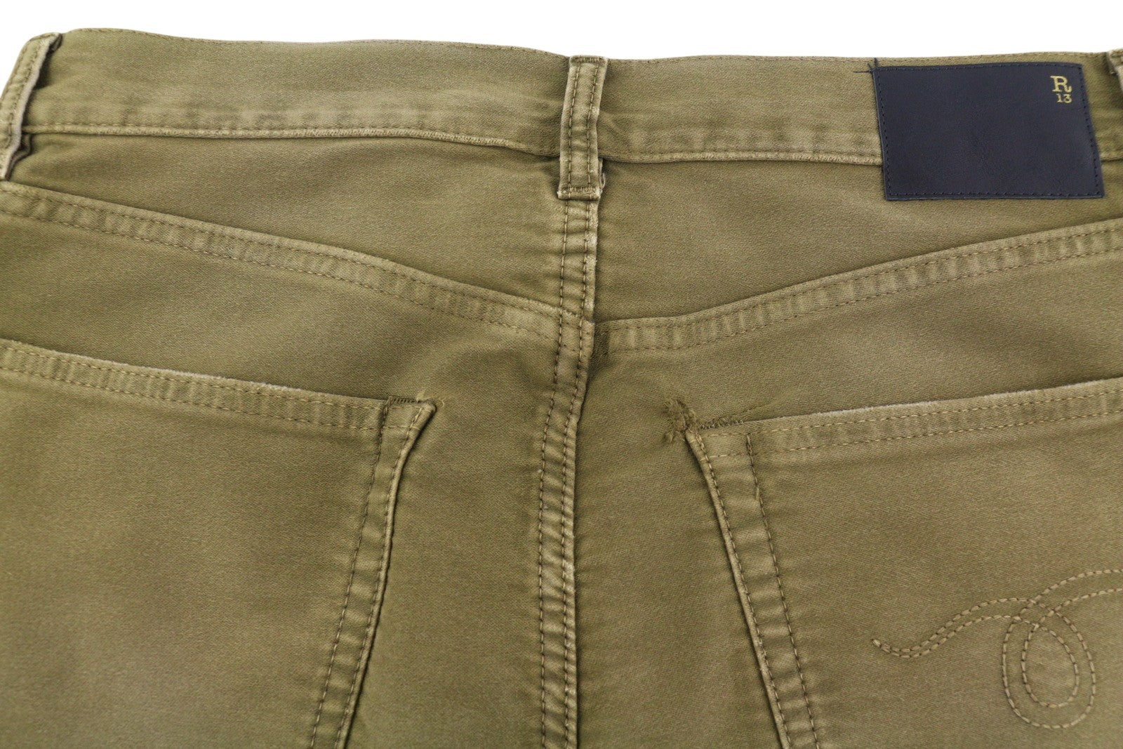 R13 Boyfriend Women Trousers 27 Olive Garment Dyed Moleskin Ankle Faded FW25