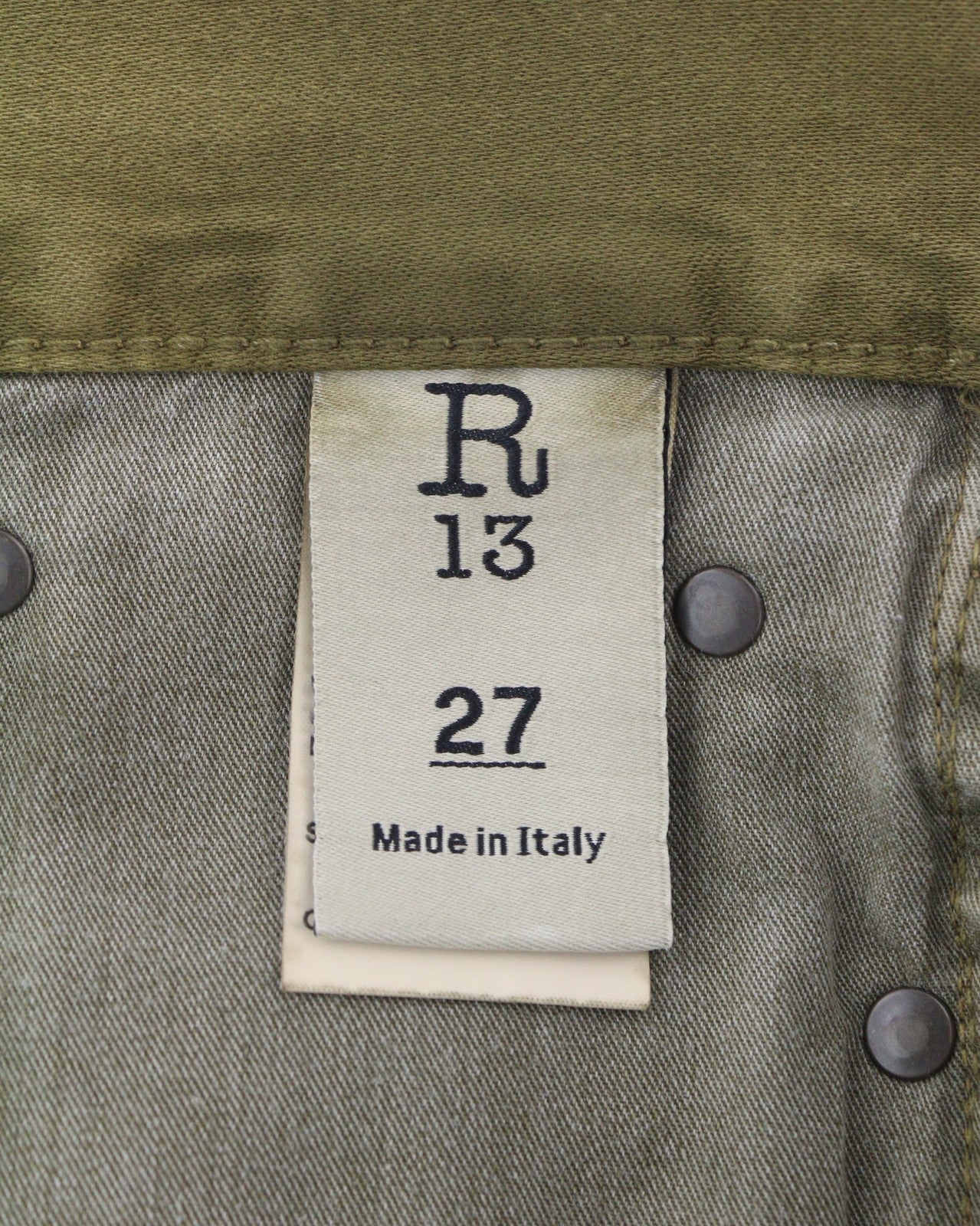 R13 Boyfriend Women Trousers 27 Olive Garment Dyed Moleskin Ankle Faded FW25