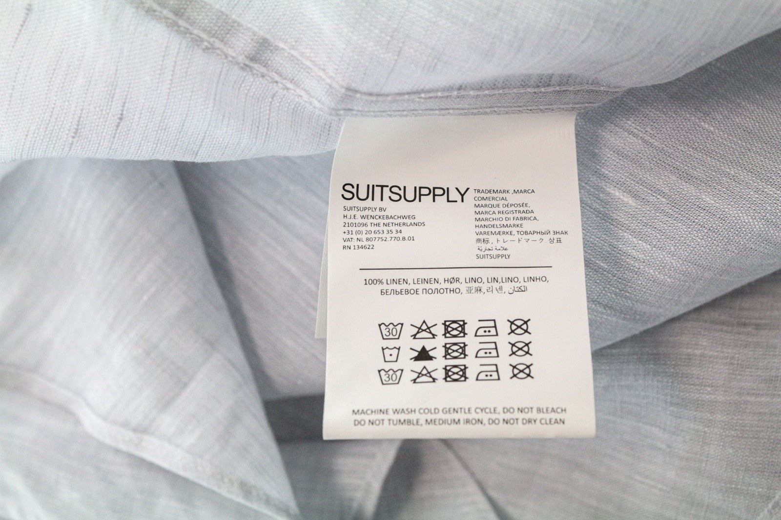 SUITSUPPLY Men's Formal Shirt 42 Grey Linen Long Sleeve Band Collar Button-Up