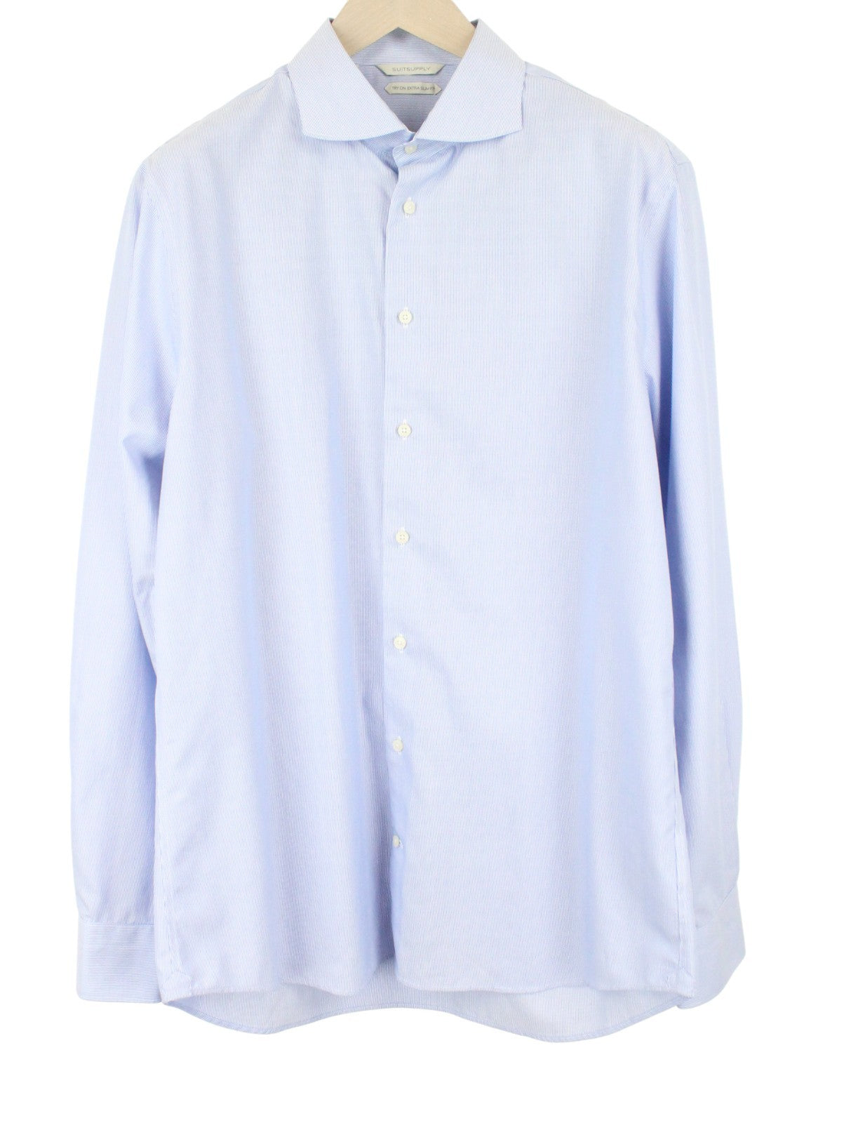 SUITSUPPLY Men's Formal Shirt 44/17.5 Blue Striped Pure Cotton Extra Slim Long