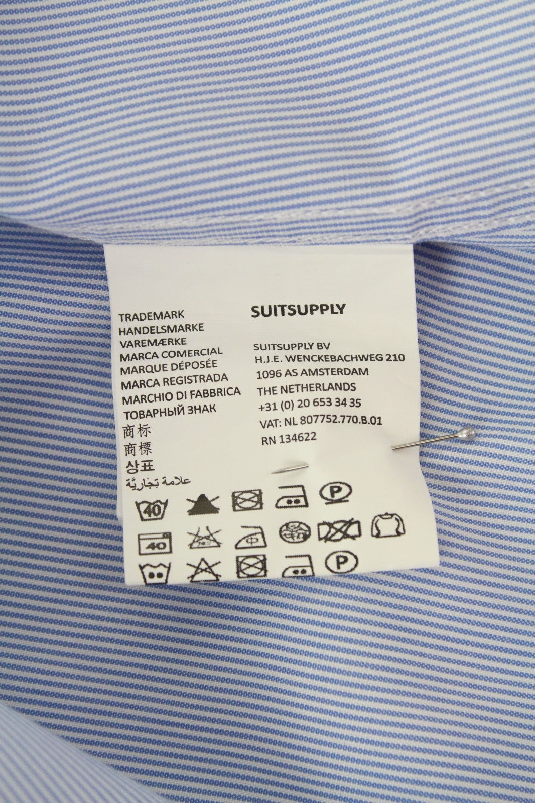 SUITSUPPLY Men's Formal Shirt 44/17.5 Blue Striped Pure Cotton Extra Slim Long