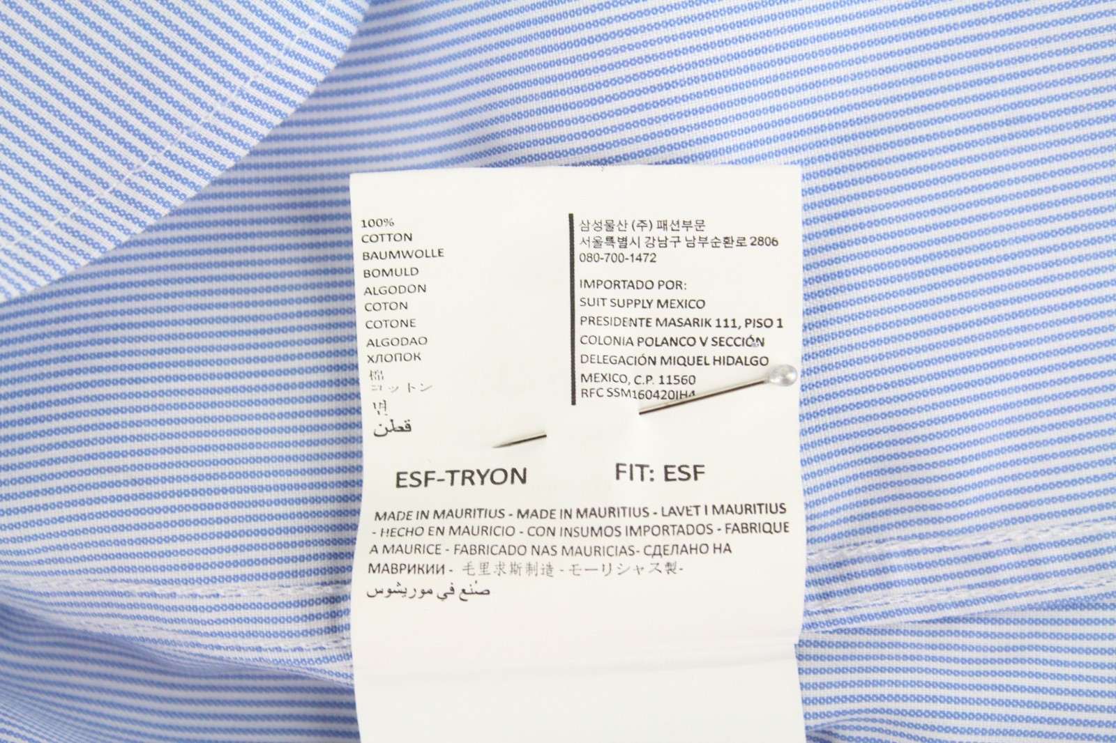 SUITSUPPLY Men's Formal Shirt 44/17.5 Blue Striped Pure Cotton Extra Slim Long