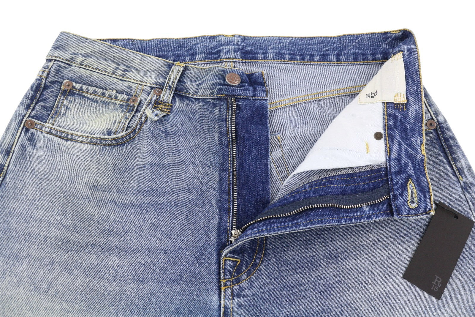 R13 Cuffed X-BF Women Jeans 32 Jasper Straight Whiskers Faded Blue Zip FW25