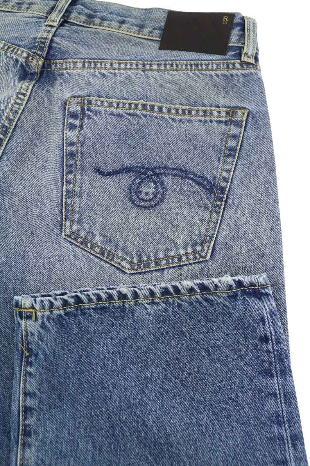 R13 Cuffed X-BF Women Jeans 32 Jasper Straight Whiskers Faded Blue Zip FW25