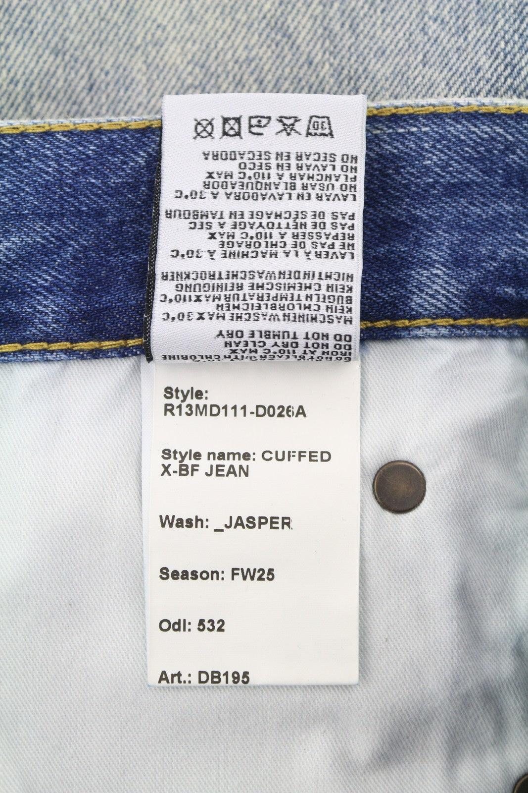 R13 Cuffed X-BF Women Jeans 32 Jasper Straight Whiskers Faded Blue Zip FW25