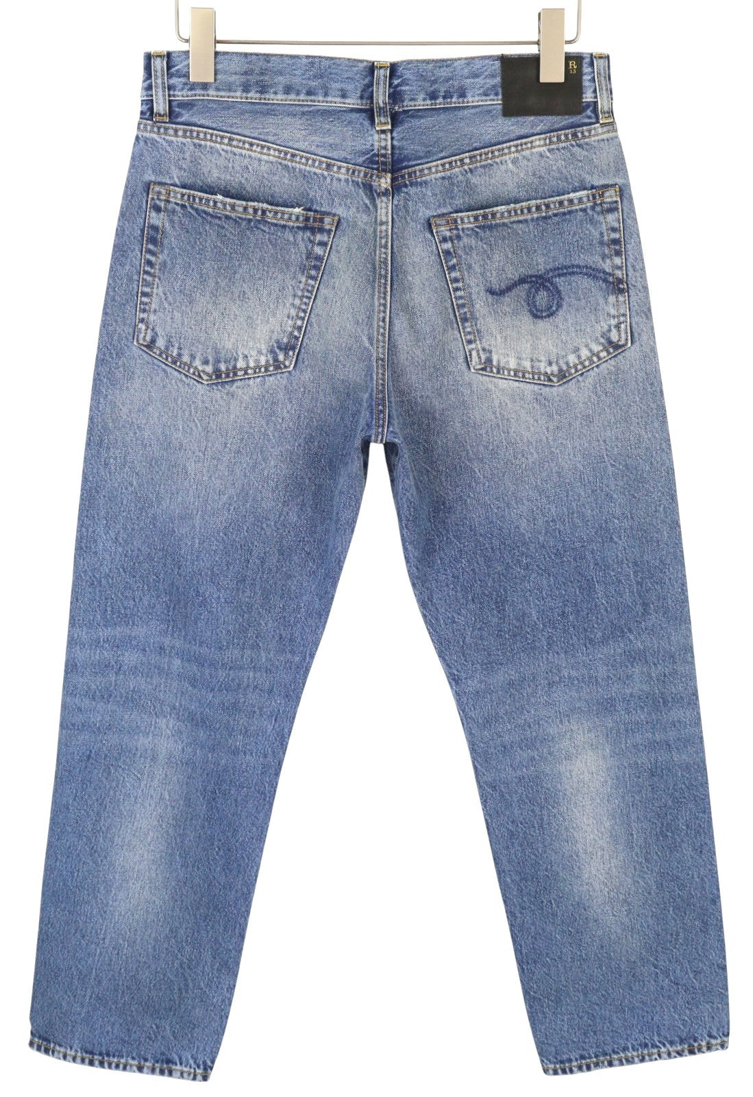 R13 Boyfriend Women Jeans 26 Jasper Whiskers Faded Cropped Zip Fly Blue PF25
