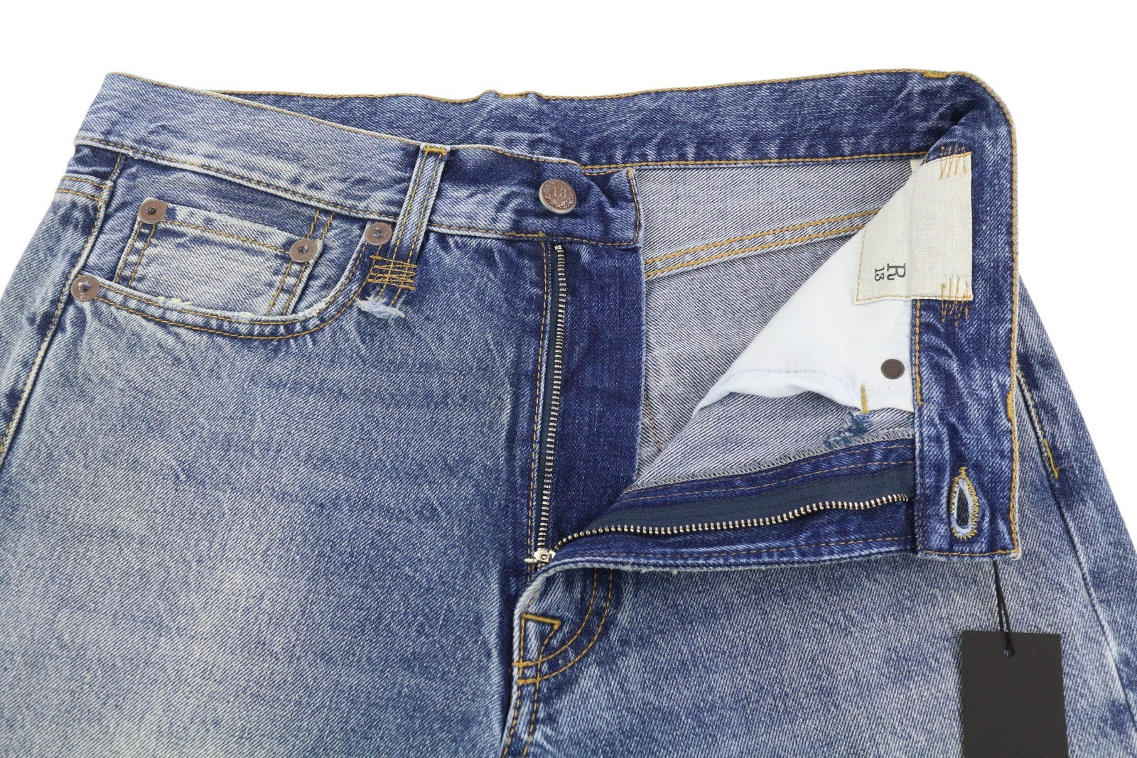 R13 Boyfriend Women Jeans 26 Jasper Whiskers Faded Cropped Zip Fly Blue PF25