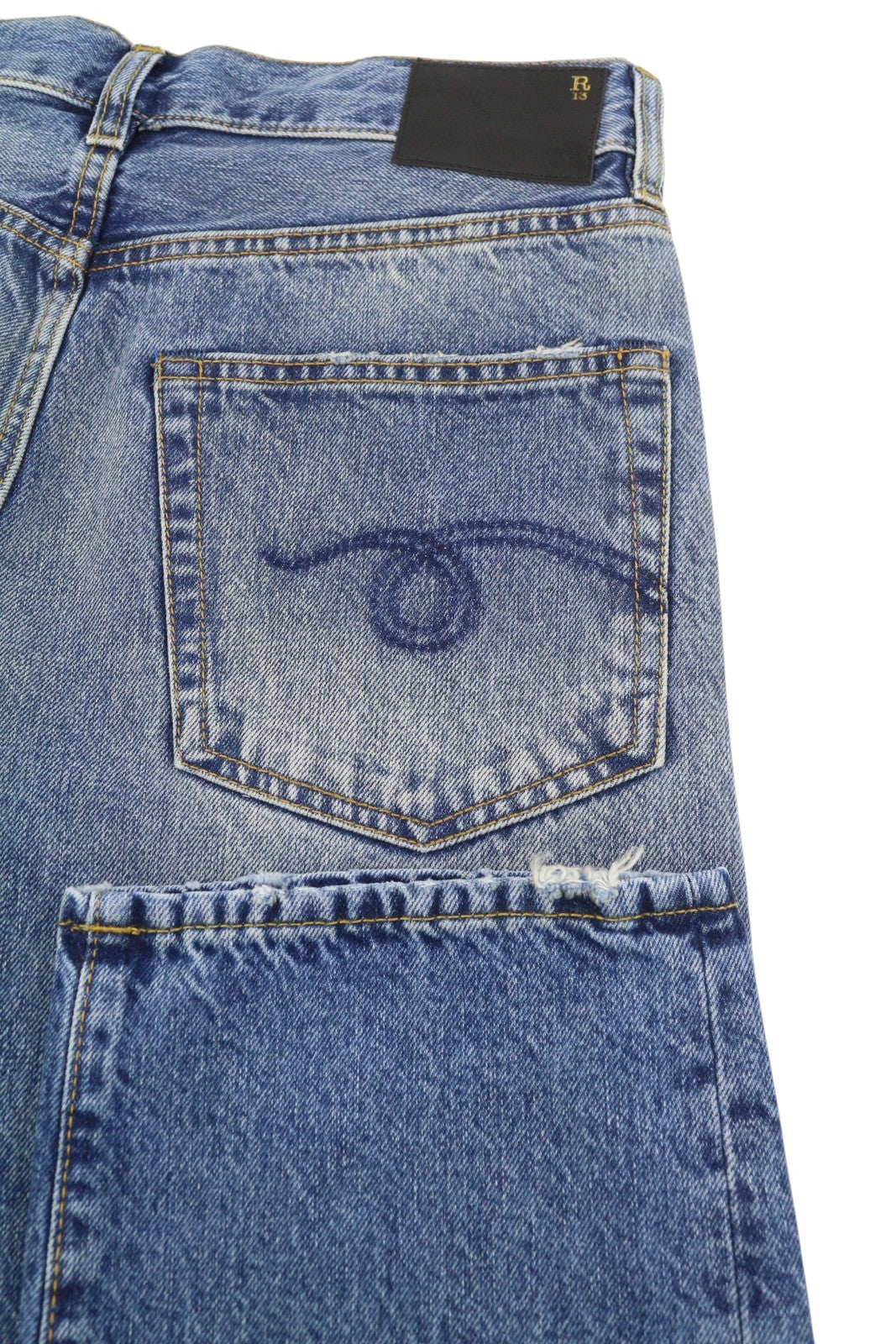 R13 Boyfriend Women Jeans 26 Jasper Whiskers Faded Cropped Zip Fly Blue PF25