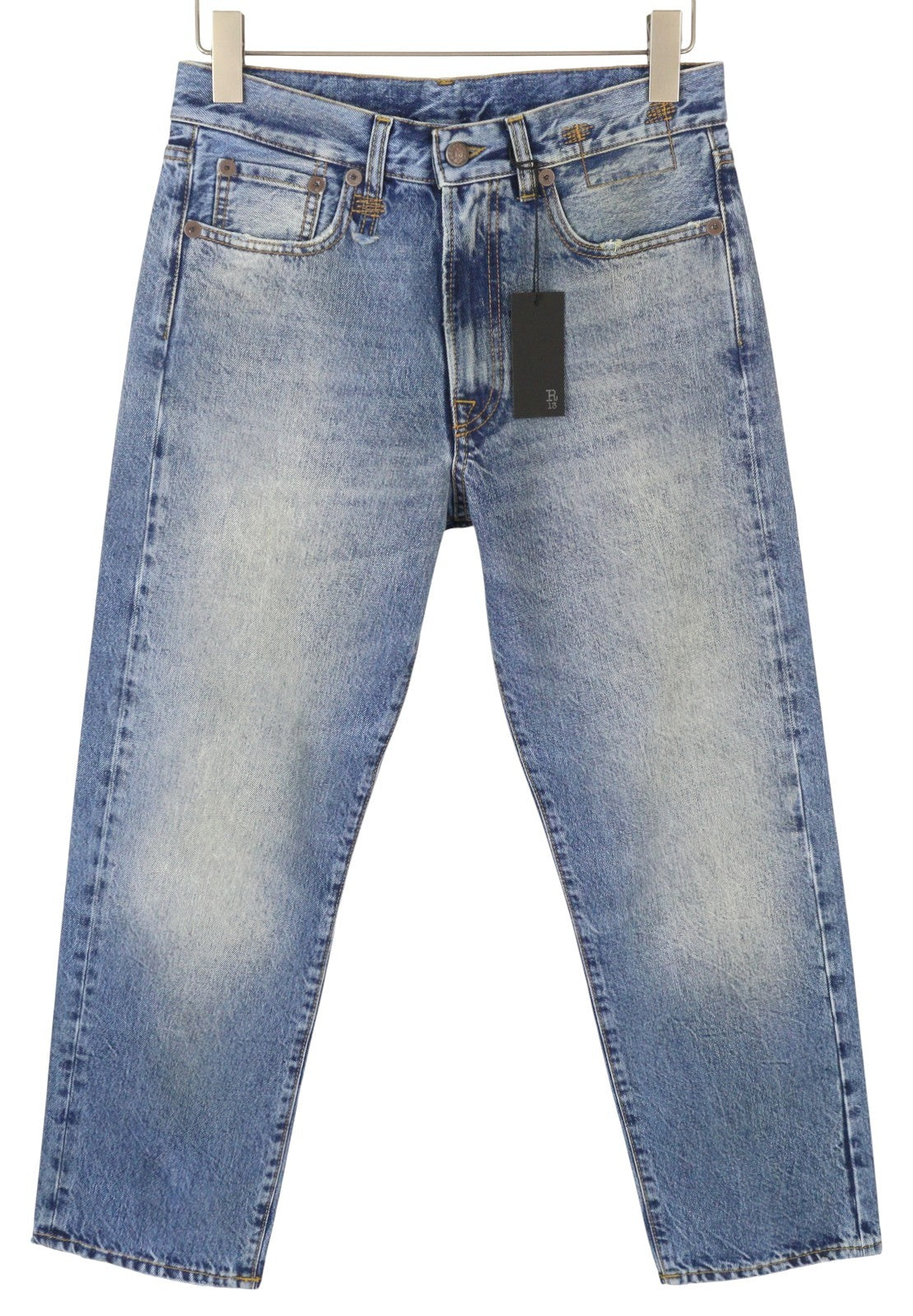 R13 Boyfriend Women Jeans 25 Jasper Straight Fit Whiskers Fade Effect Blue PF25