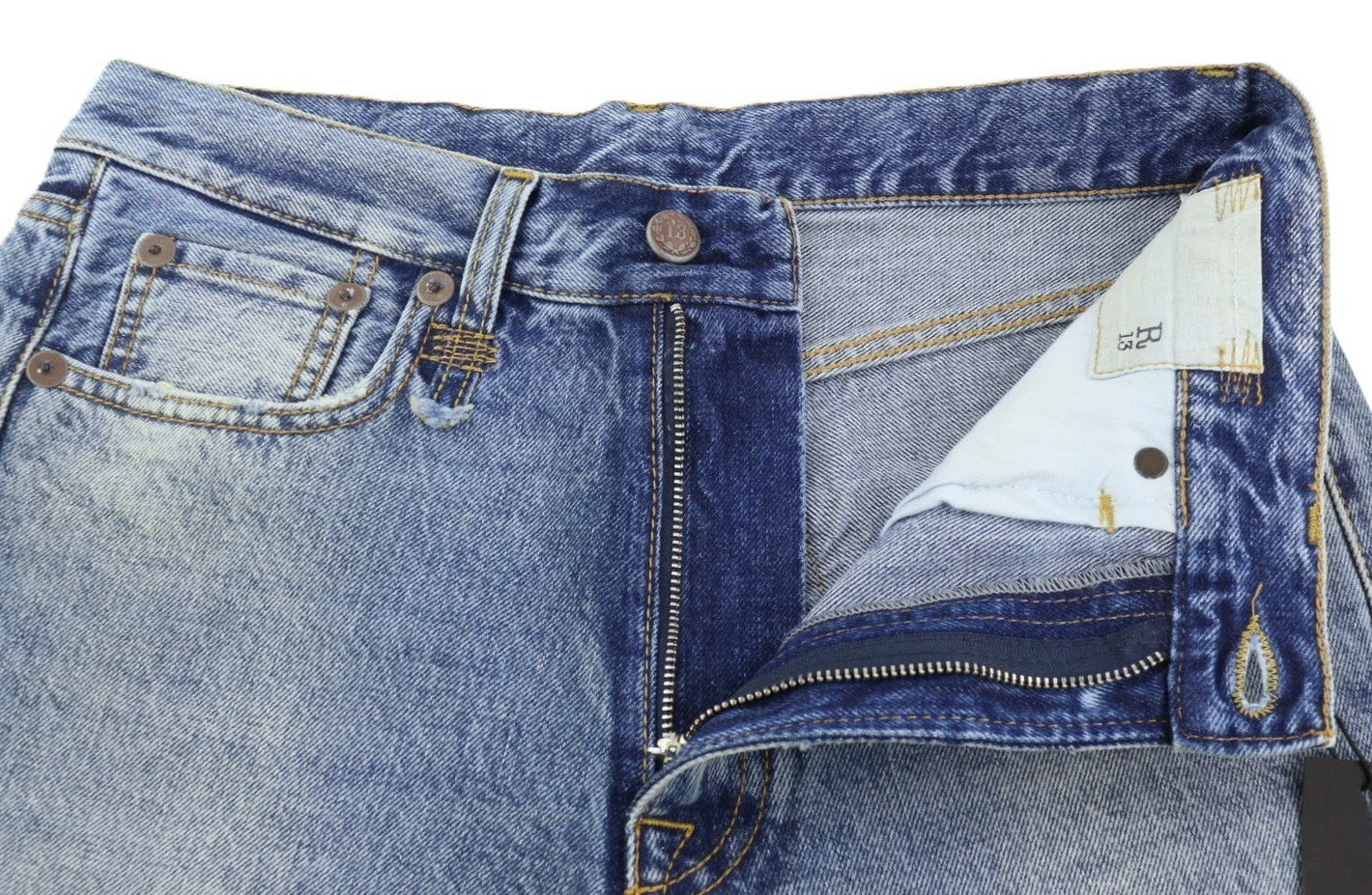 R13 Boyfriend Women Jeans 25 Jasper Straight Fit Whiskers Fade Effect Blue PF25