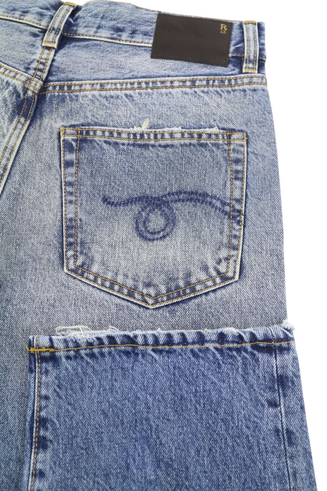 R13 Boyfriend Women Jeans 25 Jasper Straight Fit Whiskers Fade Effect Blue PF25