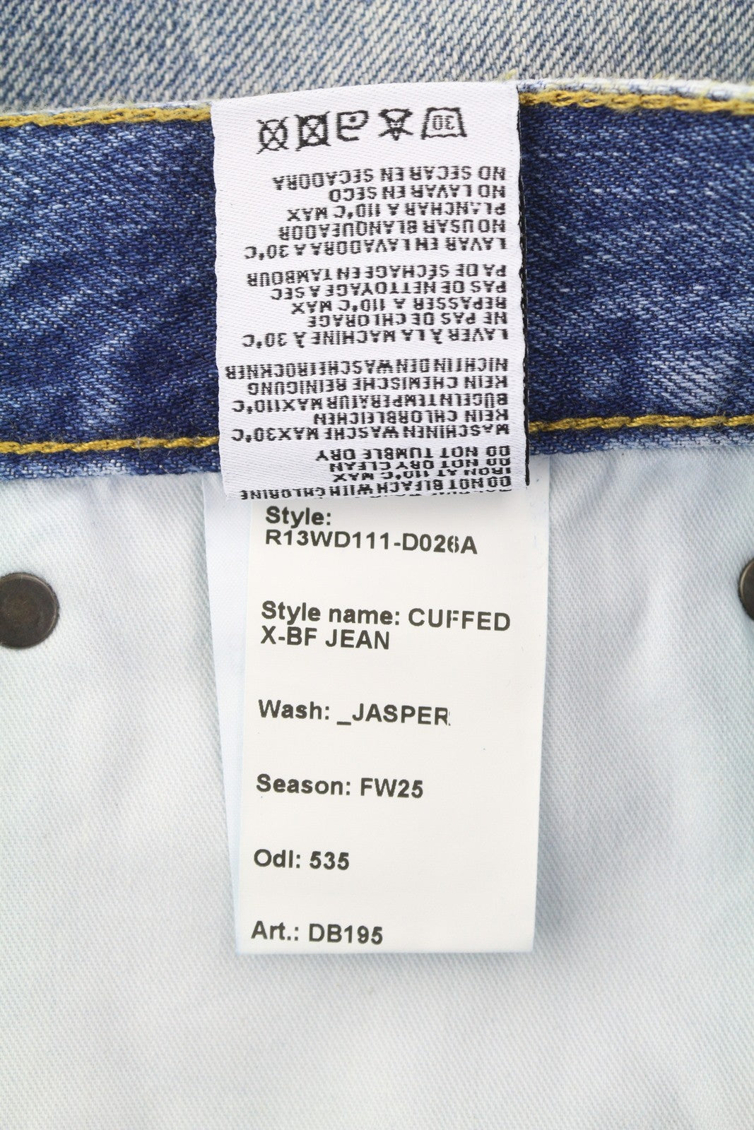 R13 Cuffed X-BF Women Jeans 31 Jasper Straight Leg Whiskers Faded Blue Zip FW25