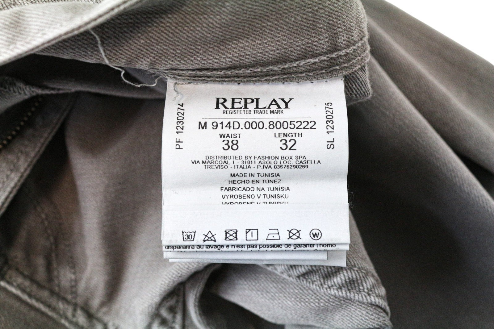 REPLAY Anbass Men's Jeans W38 L32 Grey Slim Stretch Washed Denim Casual Fit