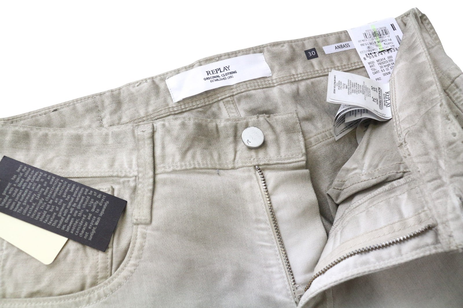 REPLAY Anbass Men's Jeans W30 L34 Grey Slim Stretch Aged Wash Cotton Denim