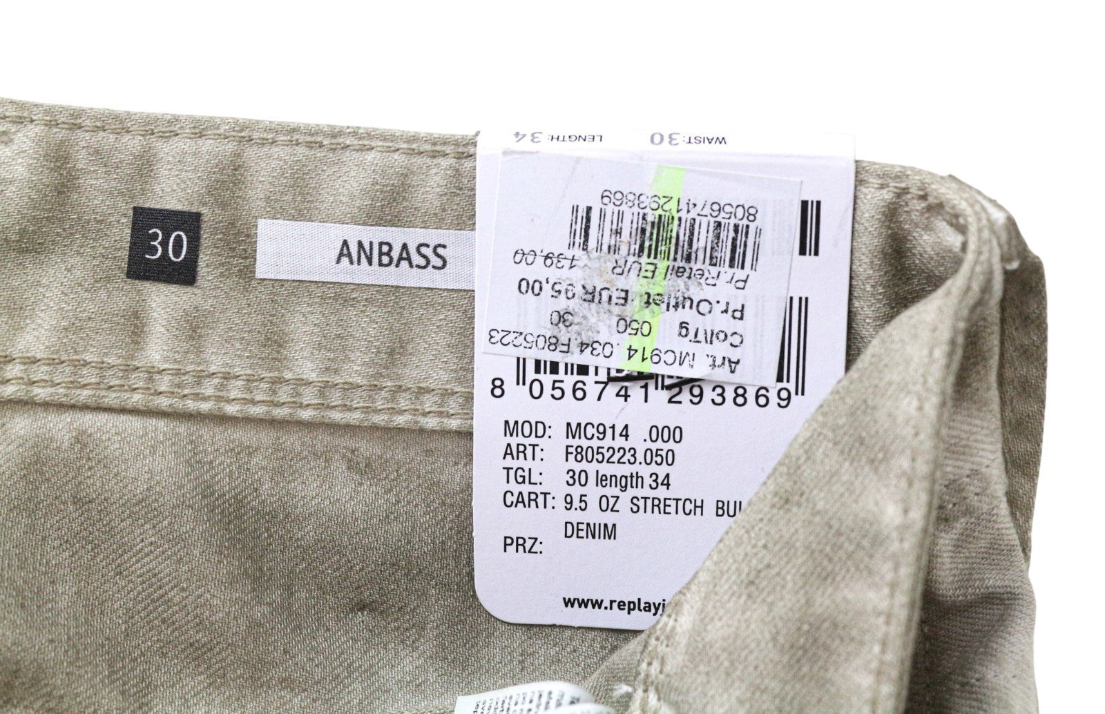 REPLAY Anbass Men's Jeans W30 L34 Grey Slim Stretch Aged Wash Cotton Denim