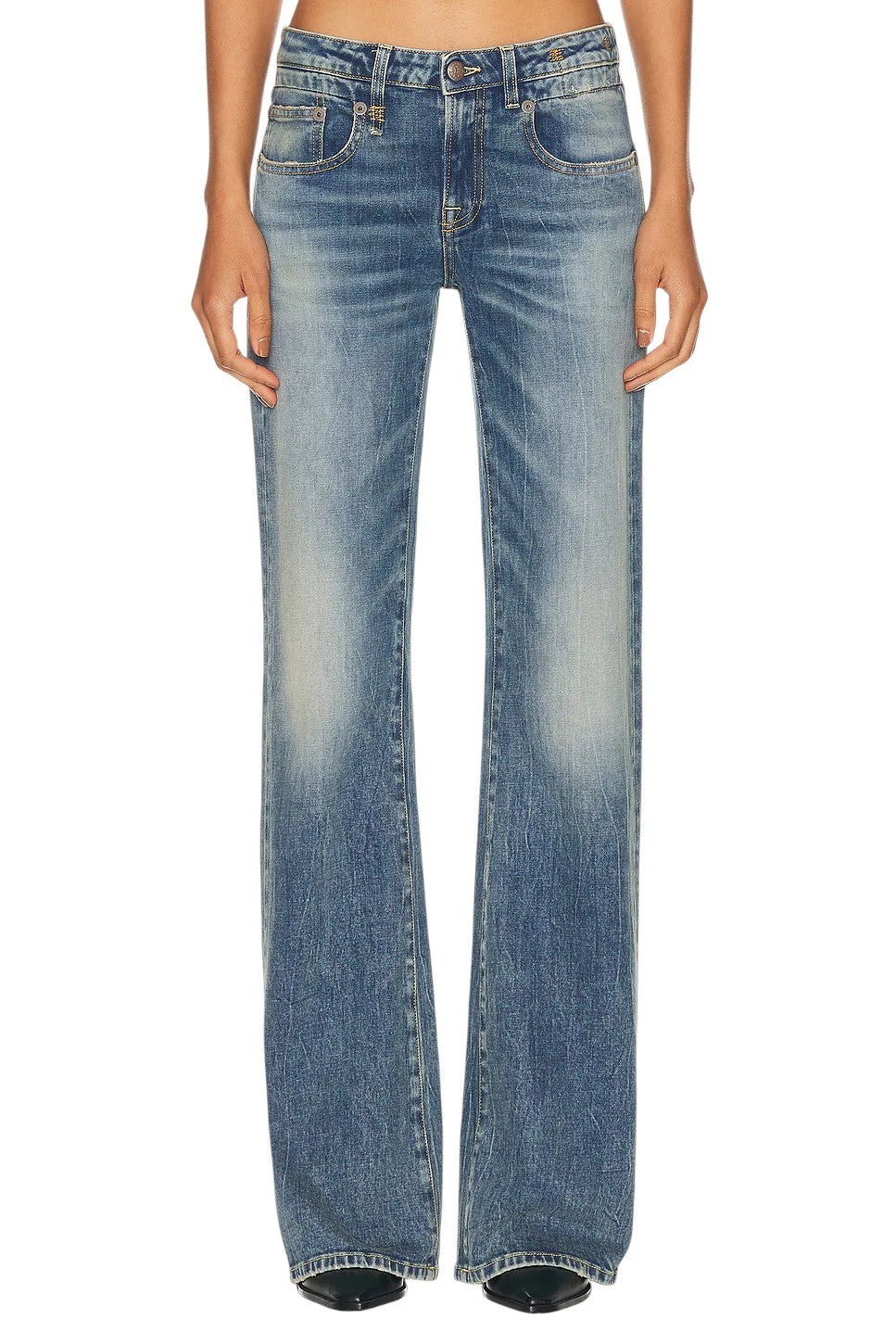 R13 Boy Flare Women Jeans 25 Kelly Stretch Low Rise Whiskers Faded Blue PF25