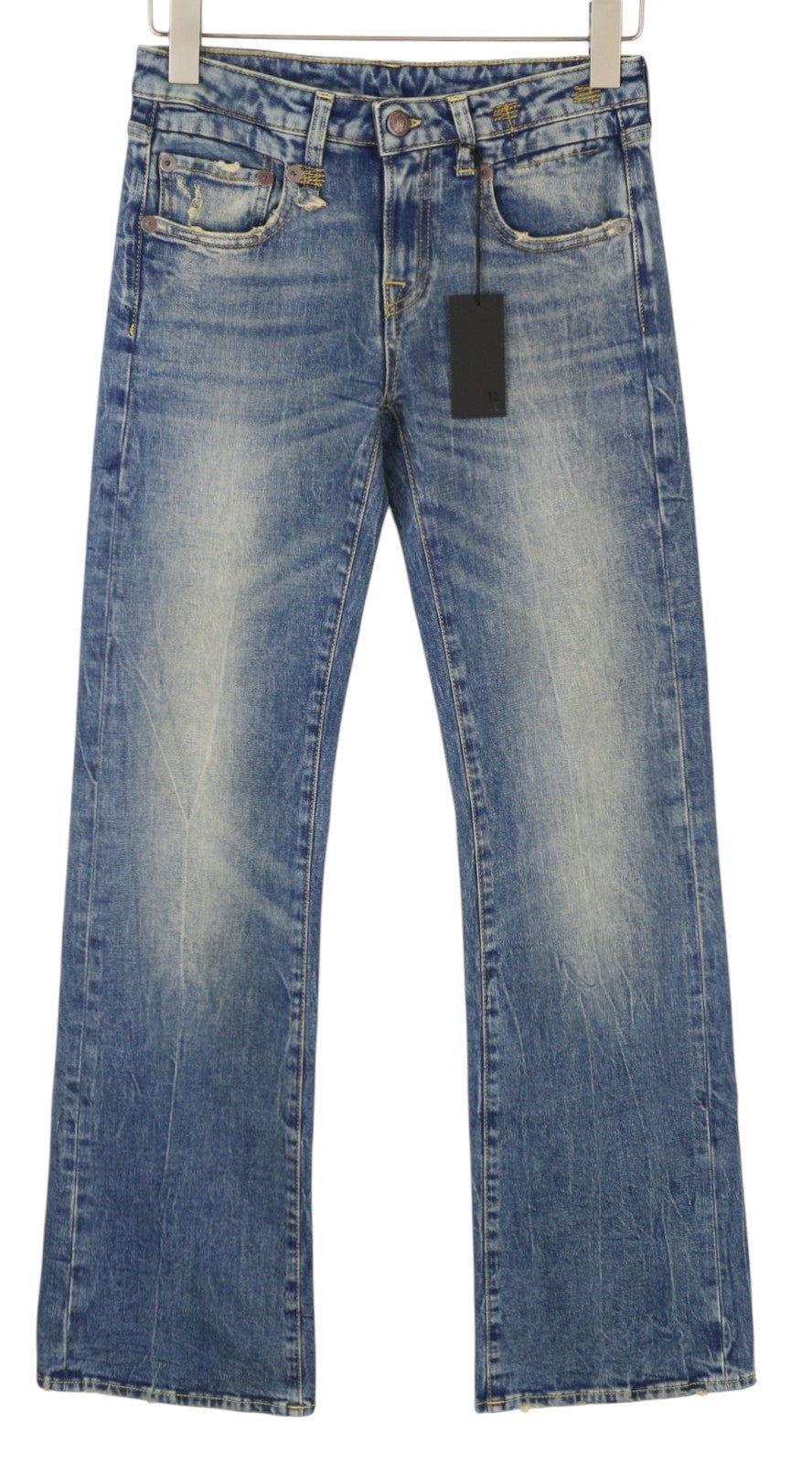 R13 Boy Flare Women Jeans 25 Kelly Stretch Low Rise Whiskers Faded Blue PF25