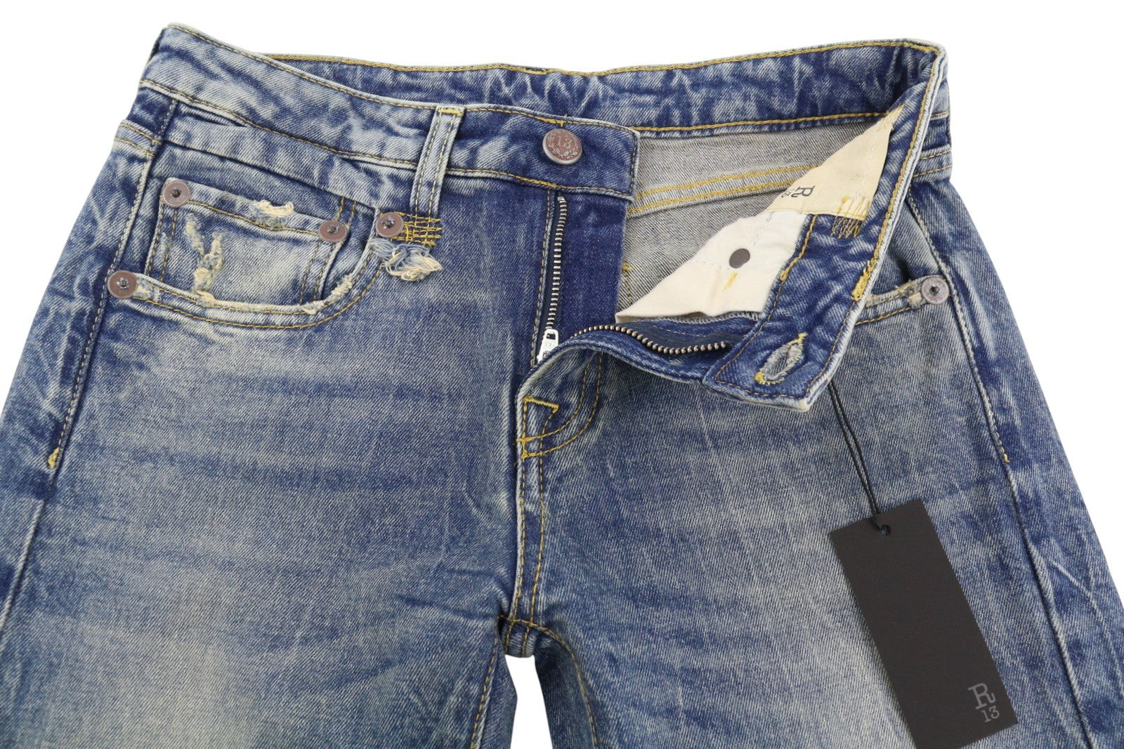 R13 Boy Flare Women Jeans 25 Kelly Stretch Low Rise Whiskers Faded Blue PF25