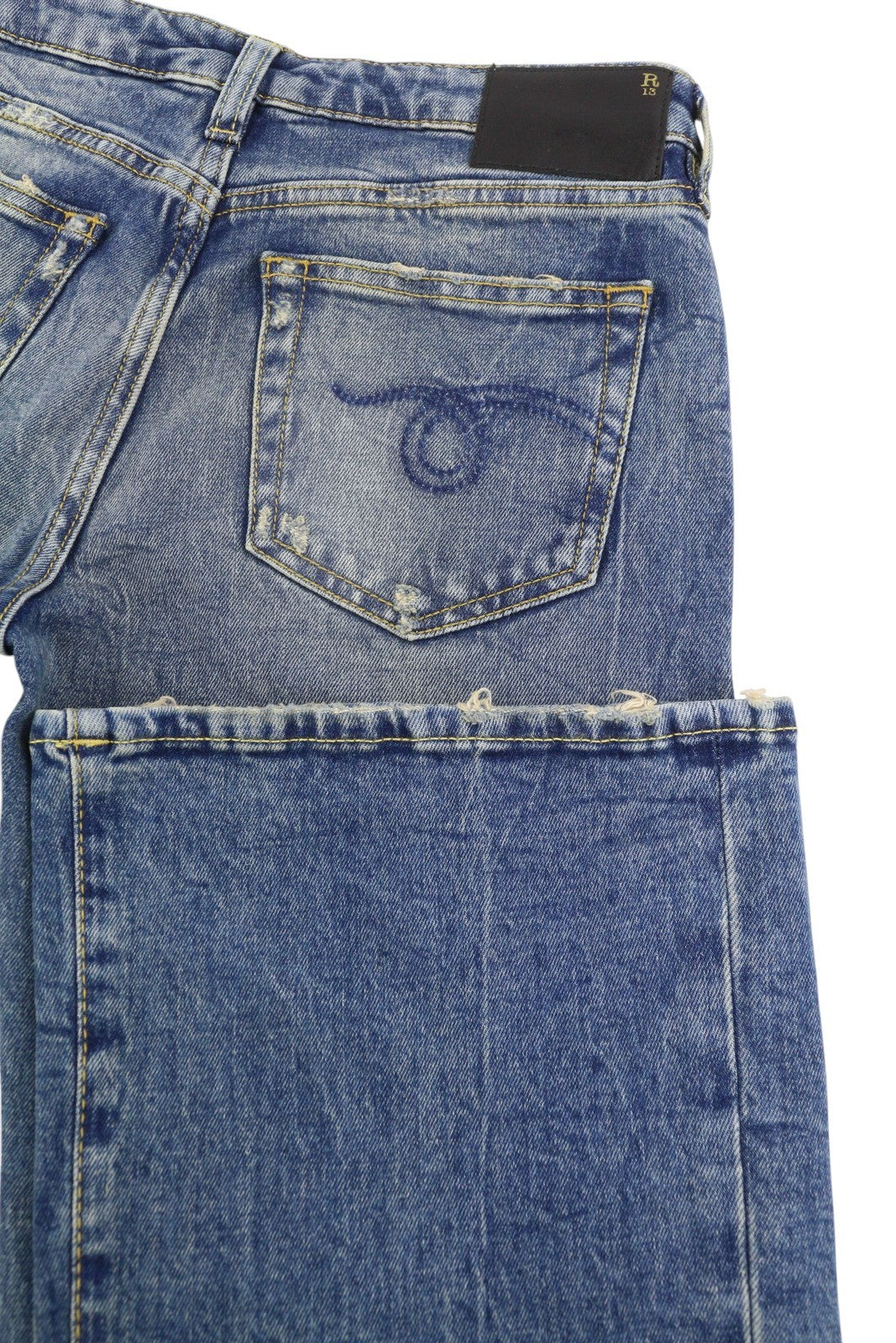 R13 Boy Flare Women Jeans 25 Kelly Stretch Low Rise Whiskers Faded Blue PF25