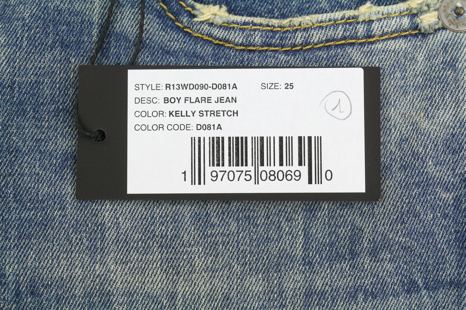 R13 Boy Flare Women Jeans 25 Kelly Stretch Low Rise Whiskers Faded Blue PF25