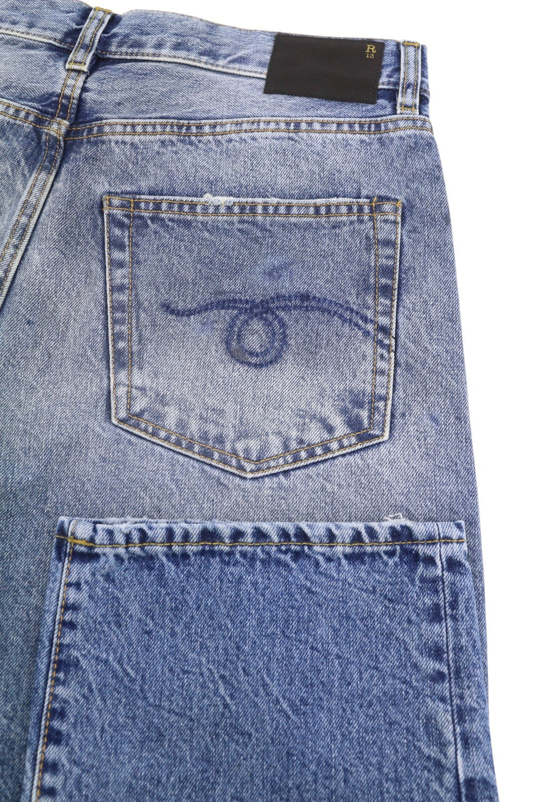 R13 Boyfriend Women Jeans 28 Jasper Straight Cropped Whiskers Faded Blue PF25