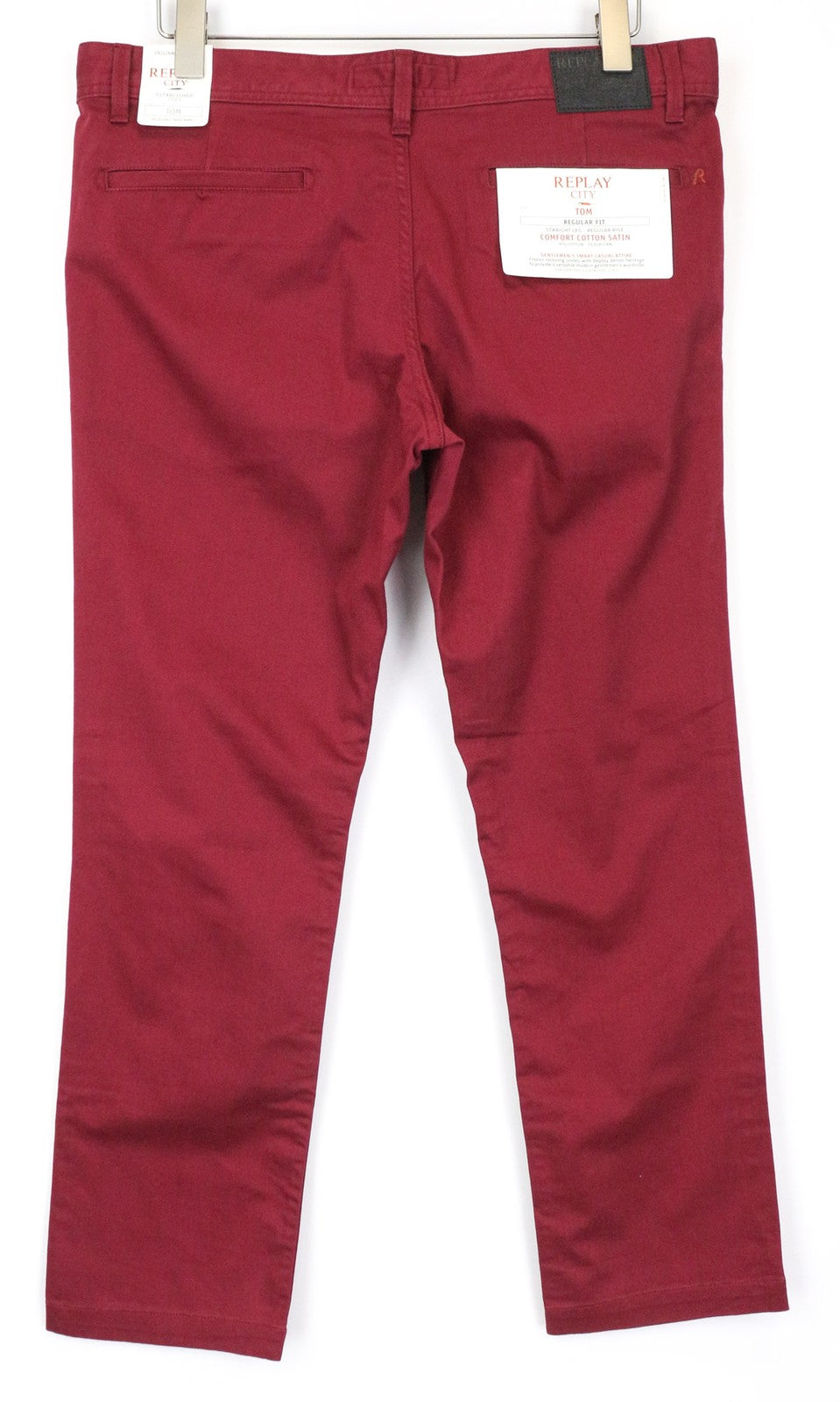 REPLAY Tom Men's Trousers W33 L30 Flat Front Red Cotton Stretch Casual Pants
