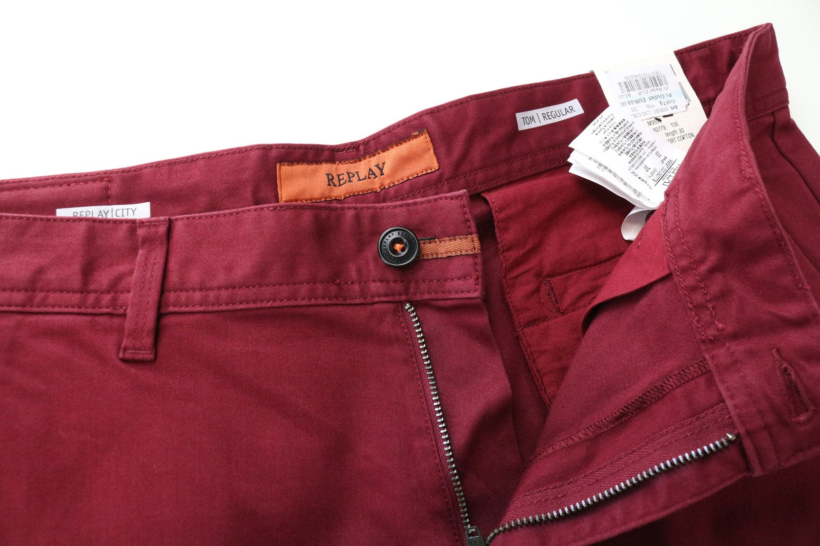 REPLAY Tom Men's Trousers W33 L30 Flat Front Red Cotton Stretch Casual Pants