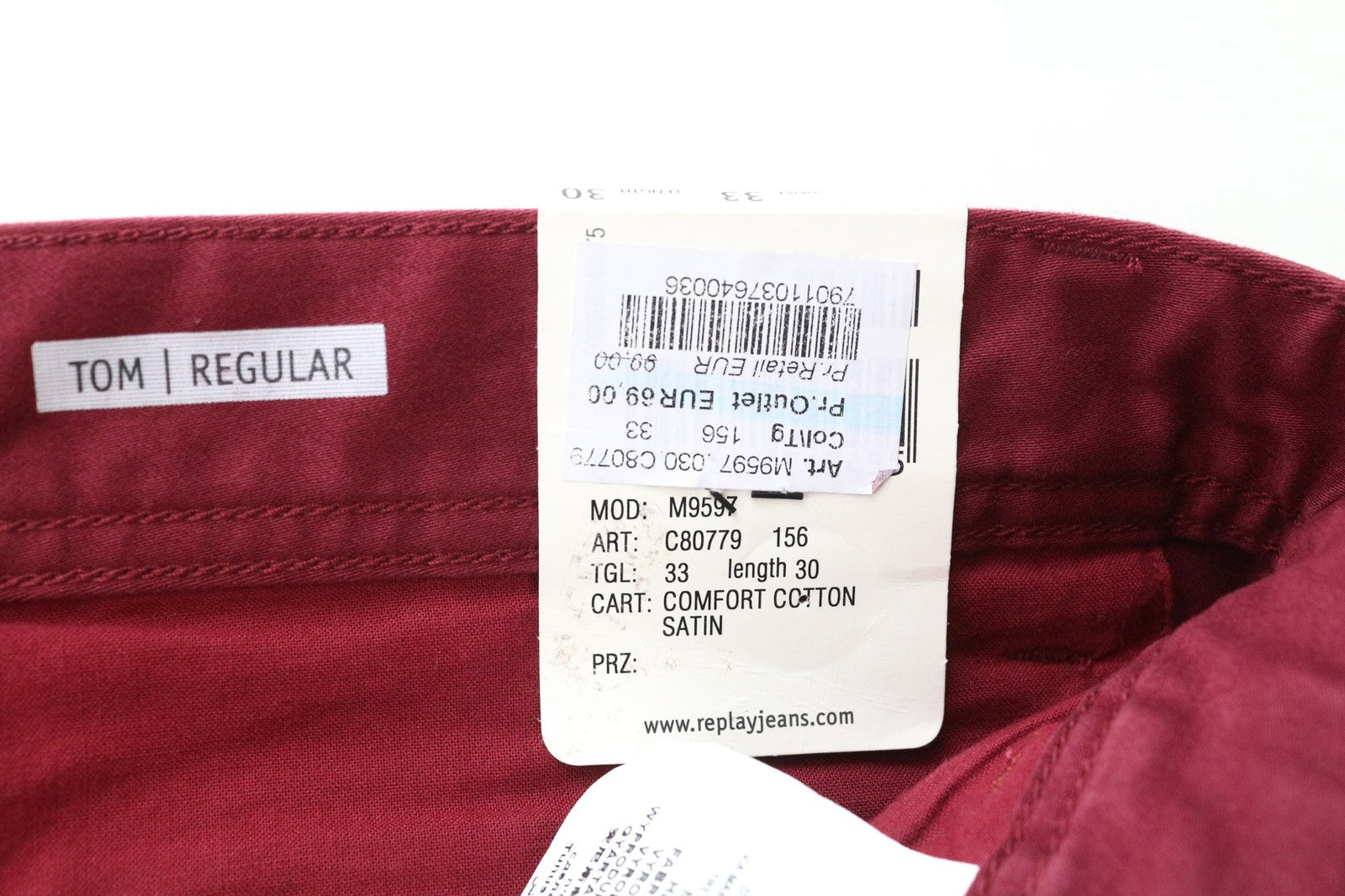 REPLAY Tom Men's Trousers W33 L30 Flat Front Red Cotton Stretch Casual Pants