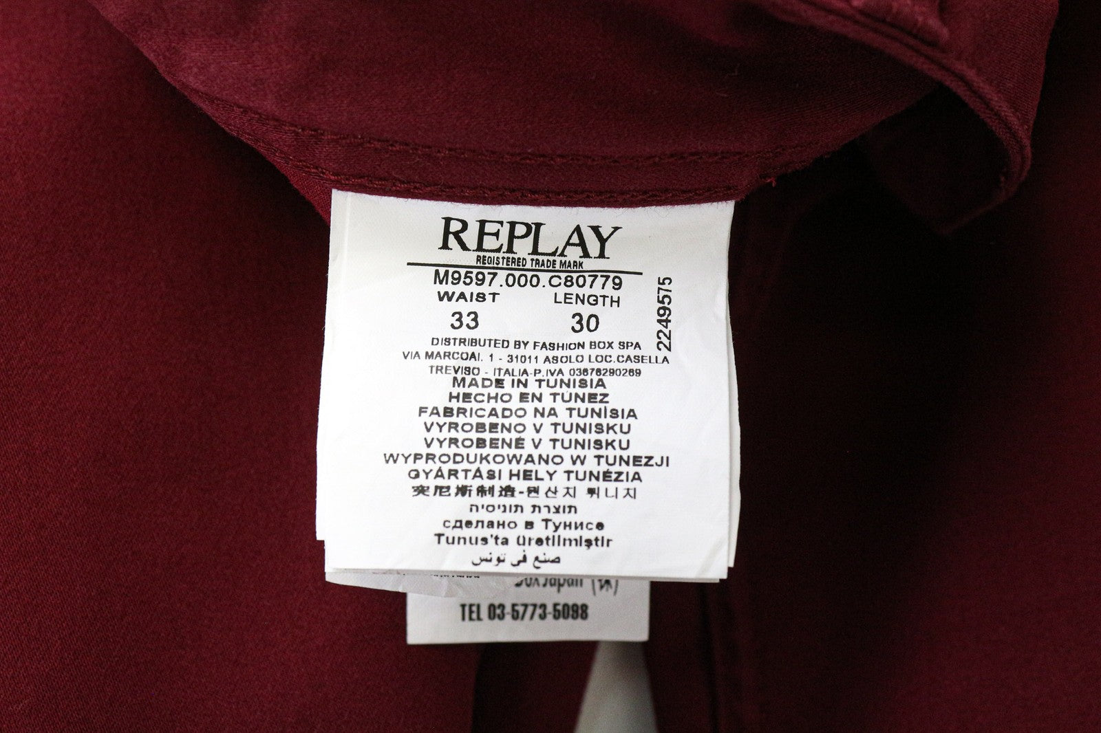 REPLAY Tom Men's Trousers W33 L30 Flat Front Red Cotton Stretch Casual Pants