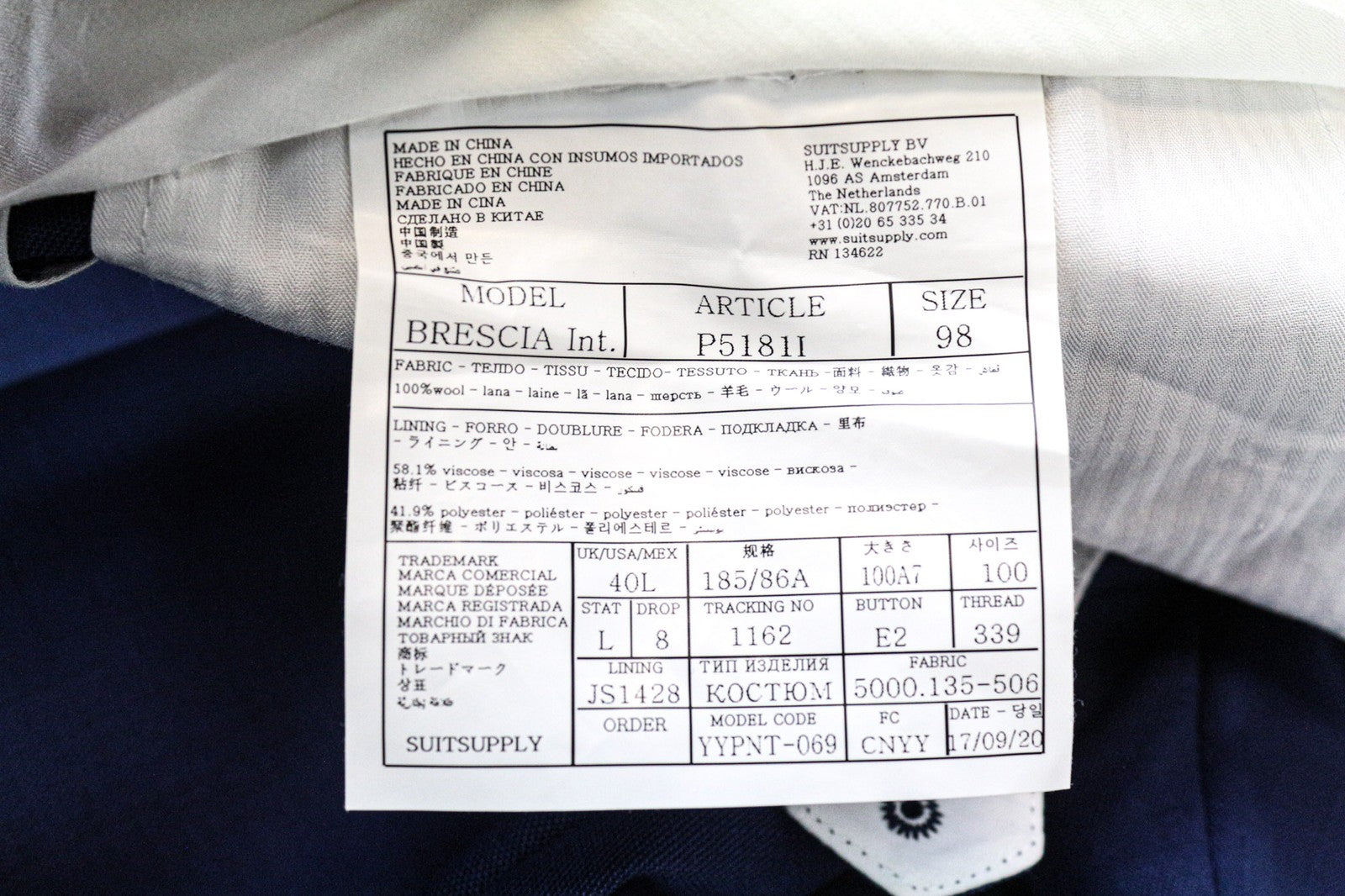 SUITSUPPLY Brescia Men's Trousers UK40L Pleated Blue Wool Classic Lined Pants