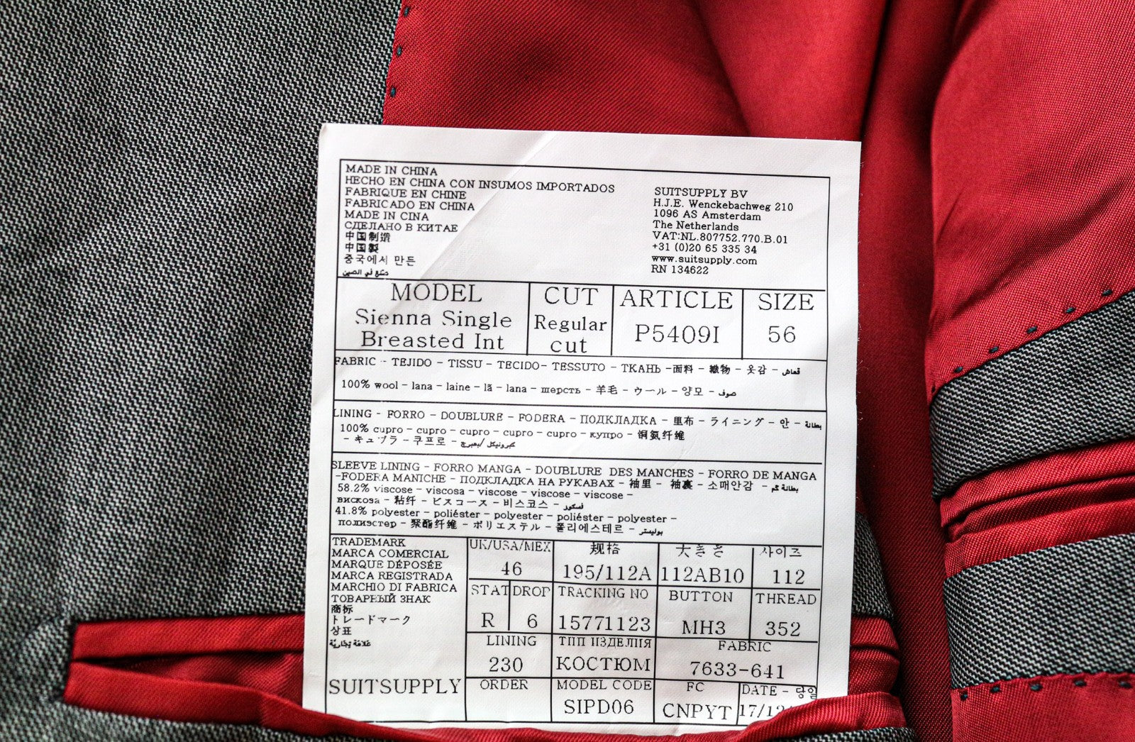 SUITSUPPLY Sienna Men's Blazer UK46R Grey Super 140's Wool Single Breasted