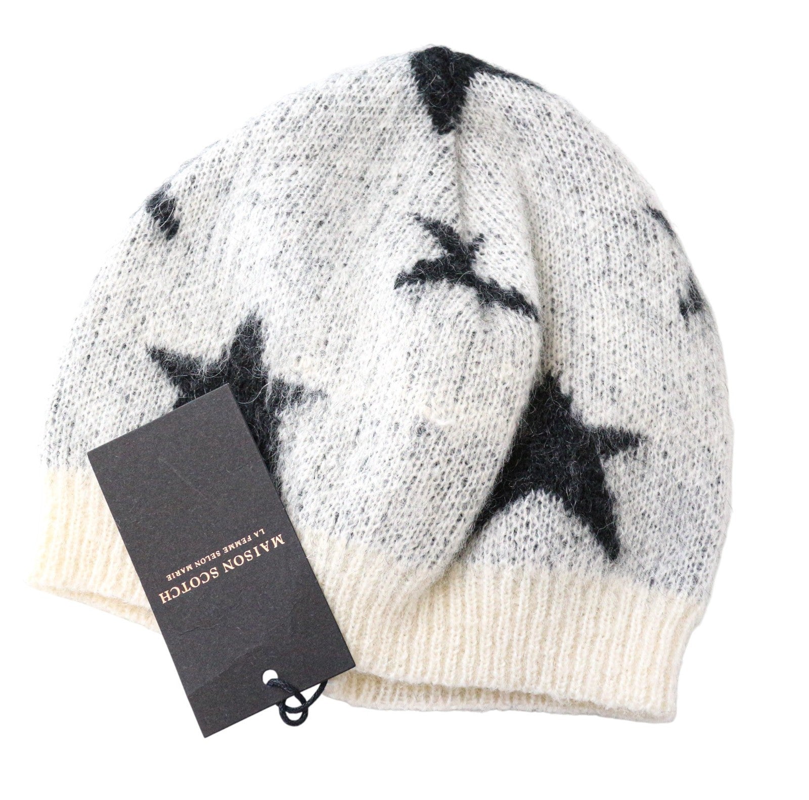 MAISON SCOTCH Women's Hat OS Grey Mohair Blend Star Pattern Knit Beanie