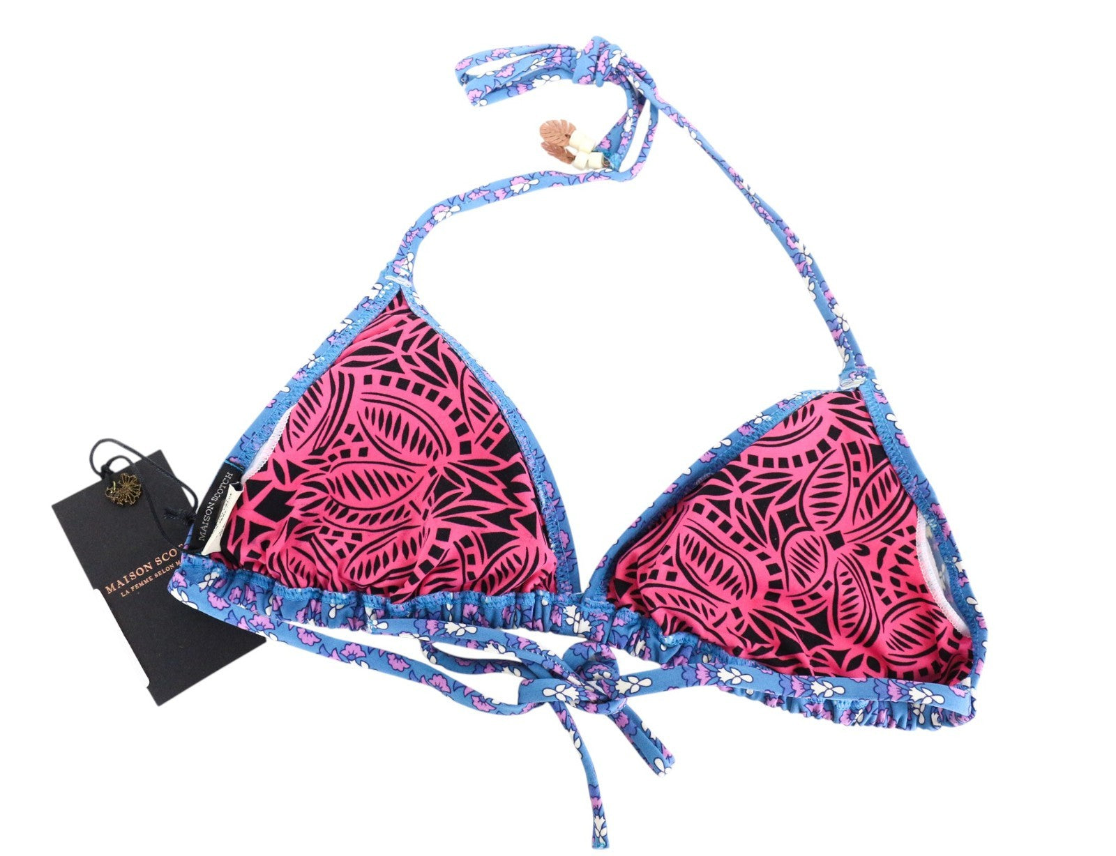 MAISON SCOTCH Women's Swim Top XS/S Blue Pattern Triangle Tied Bikini Swim