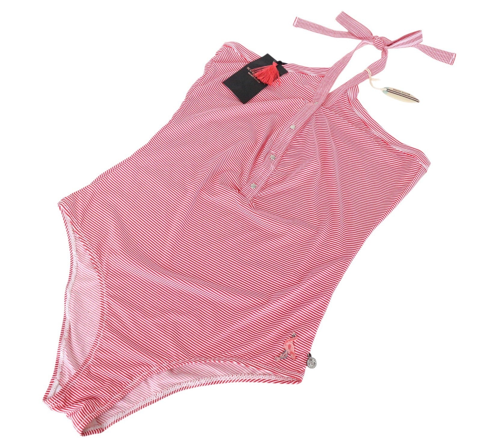 MAISON SCOTCH Women's One Piece Swimsuit S Red White Stripe Halter Swimwear