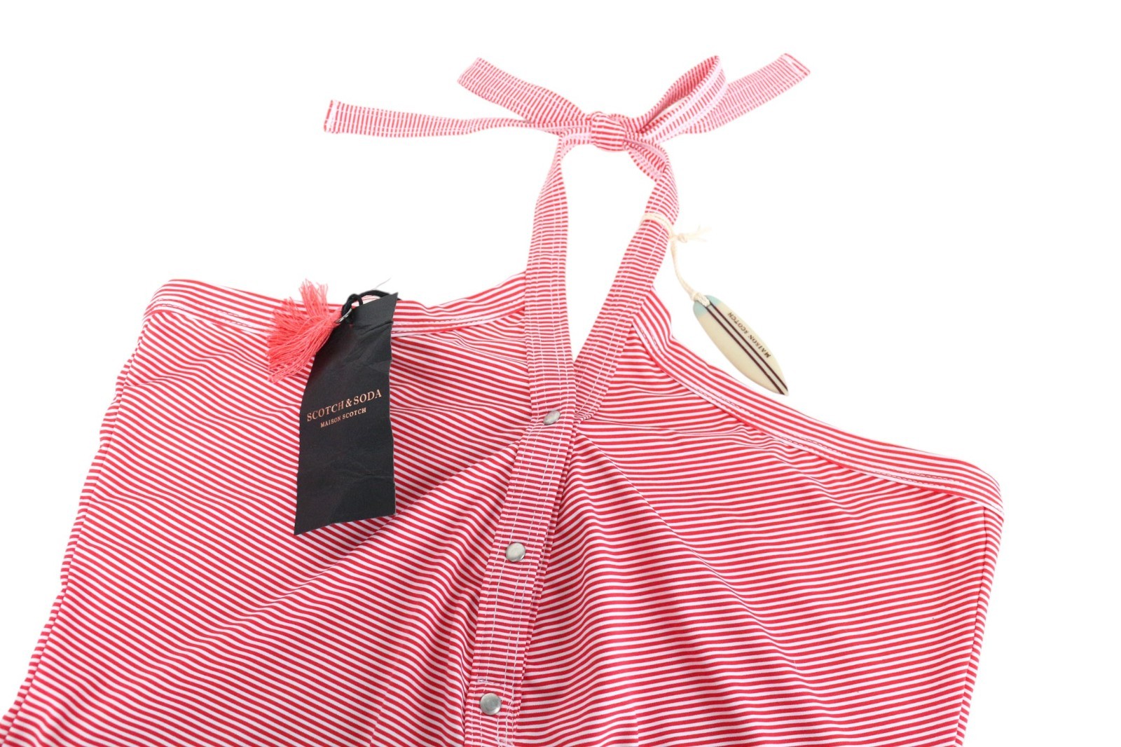 MAISON SCOTCH Women's One Piece Swimsuit S Red White Stripe Halter Swimwear