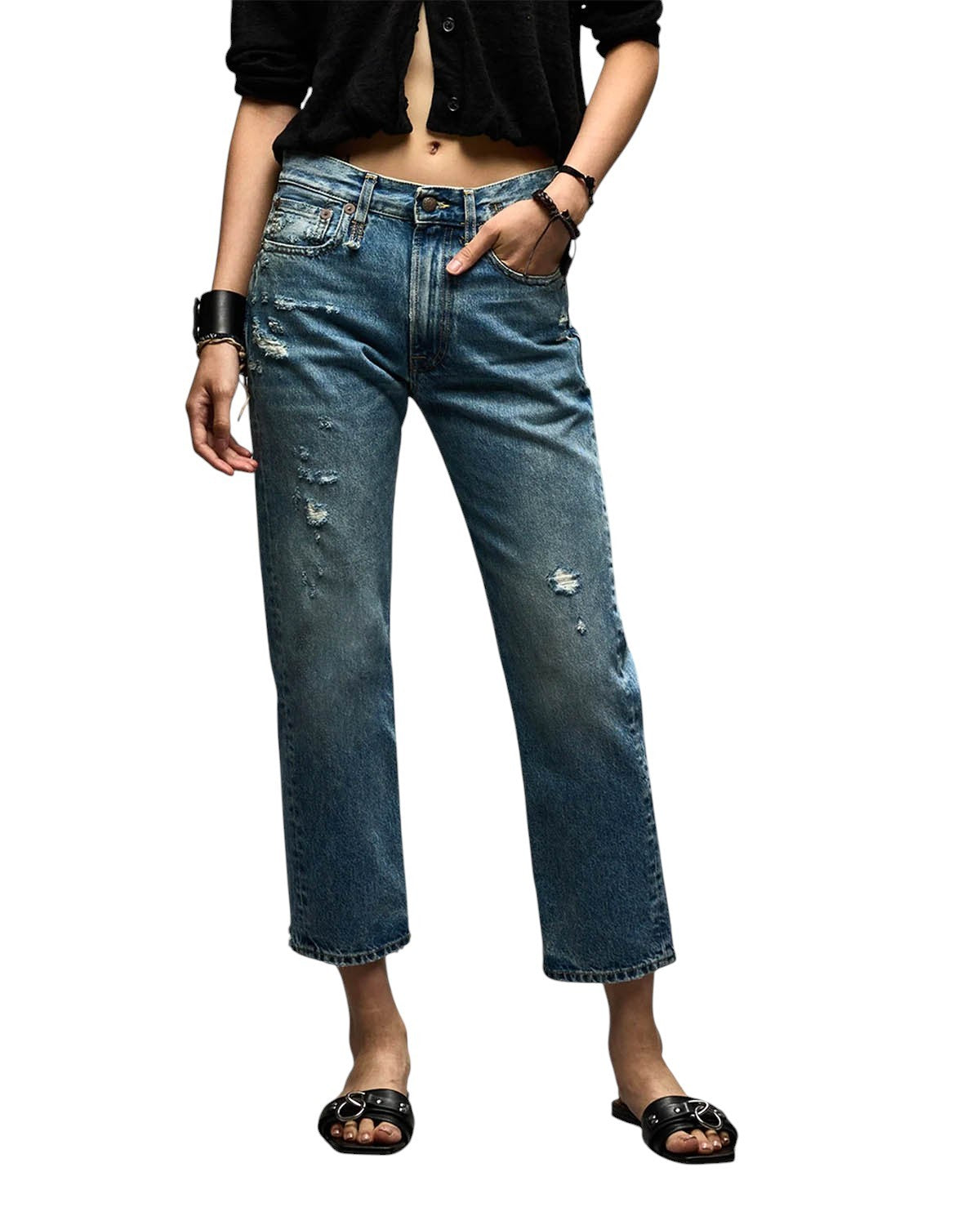 R13 Boyfriend Women Jeans 28 Bain W Rips Distress Cropped Faded PS25 RRP599