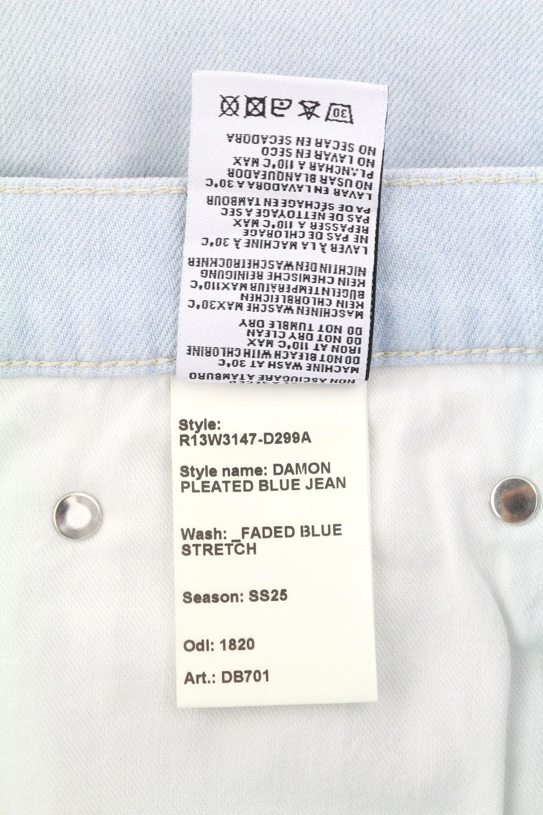 R13 Damon Pleated Blue Women Jeans 27 Faded Blue Stretch Wide Leg SS25 RRP860